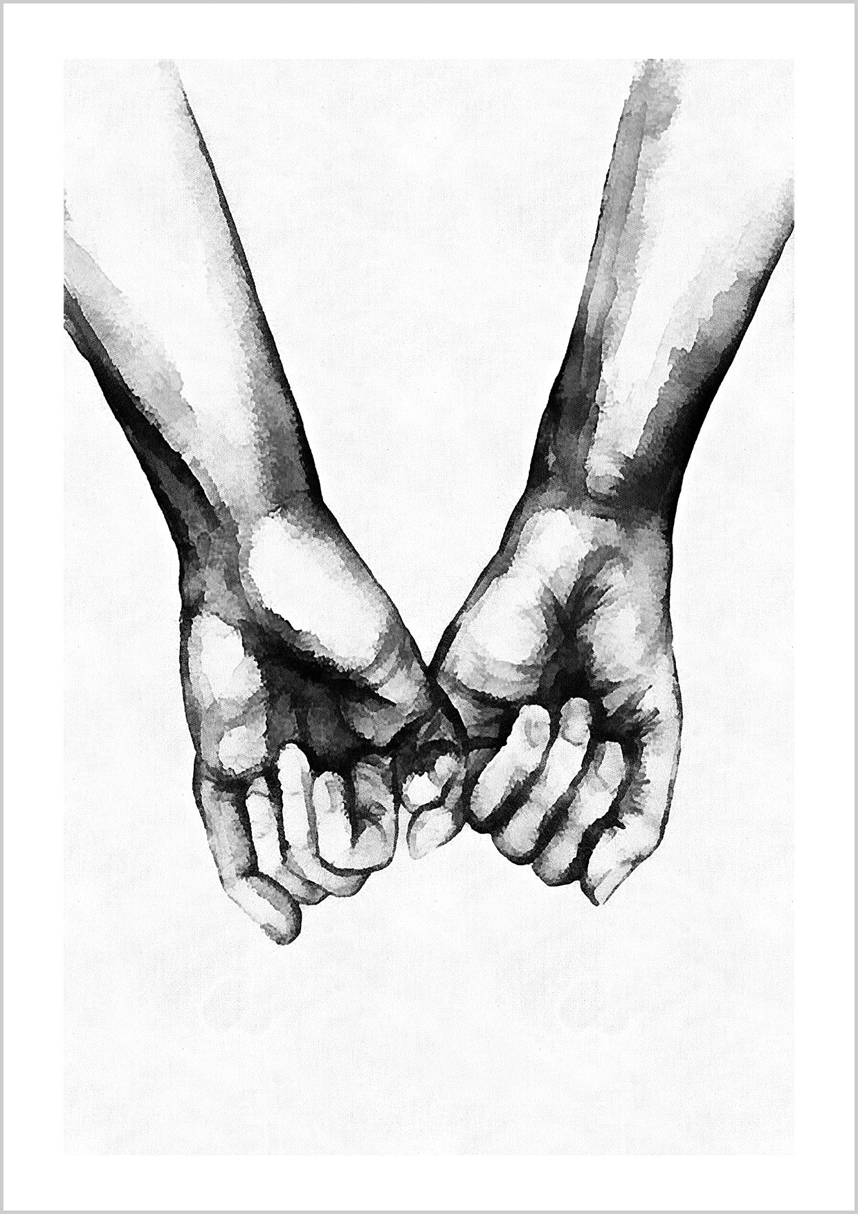 Illustration poster of two piny fingers holding each other. White textured background.