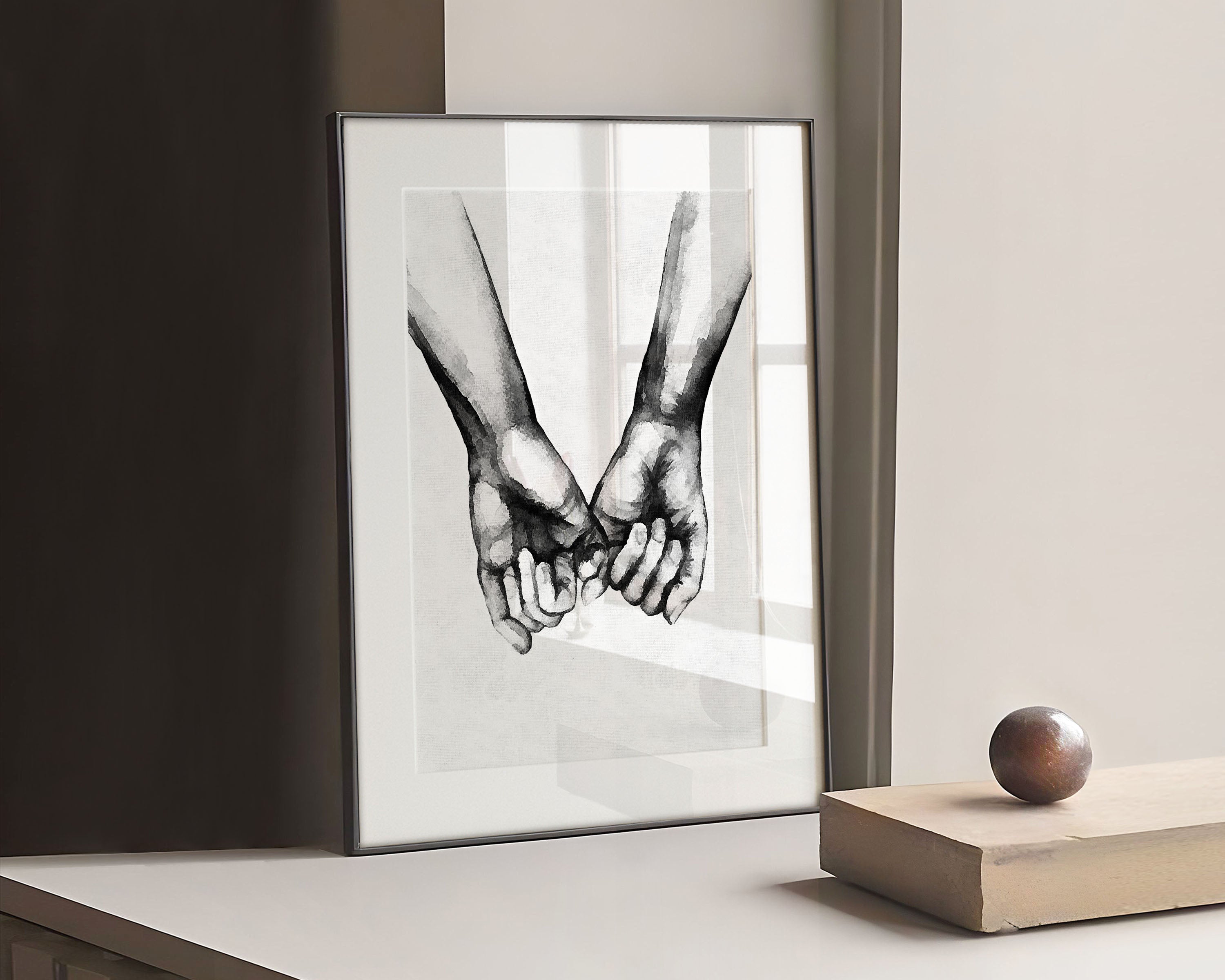 Illustration poster of two piny fingers holding each other. White textured background.