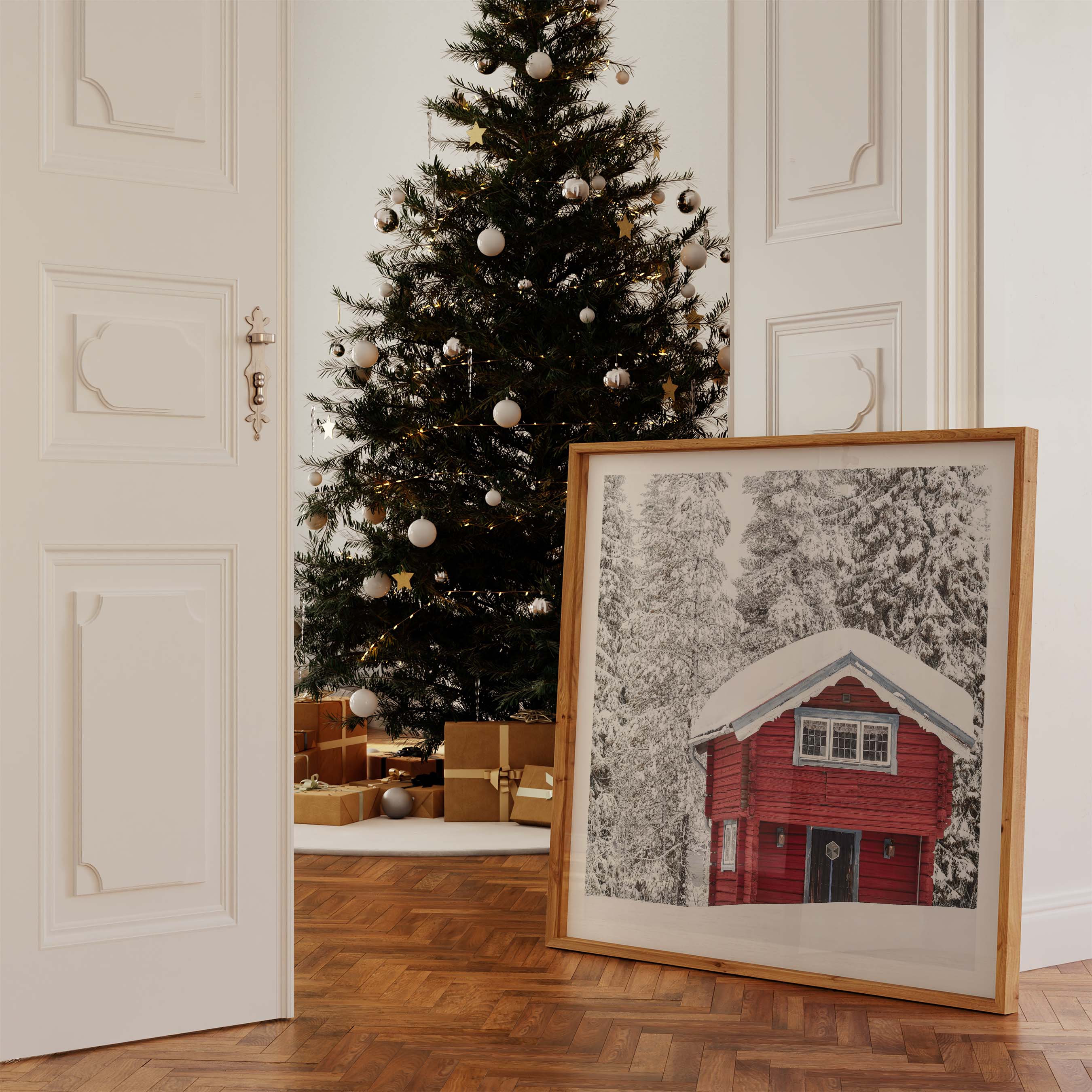 Red Winter Cabin Poster