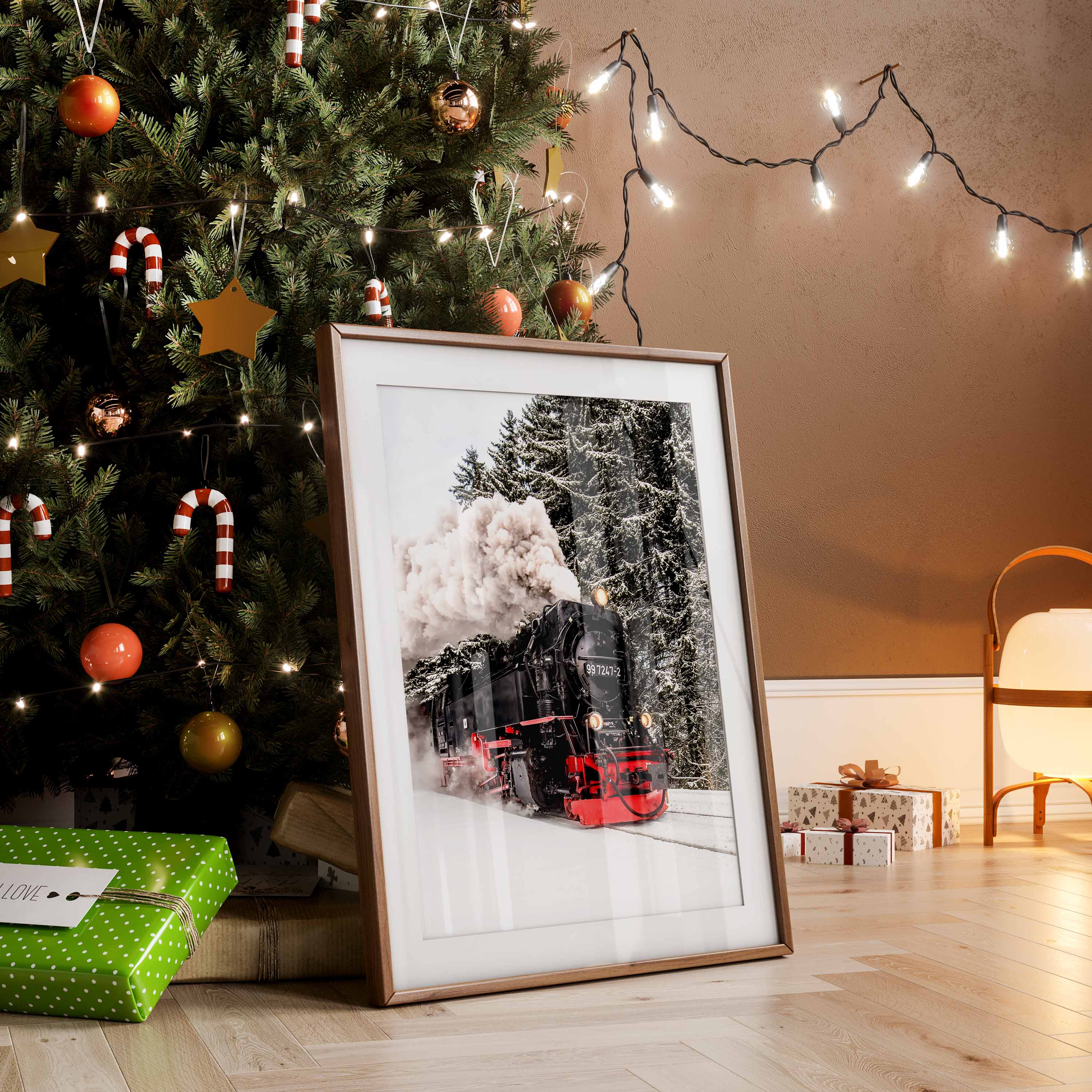 Winter Red Steam Train Poster