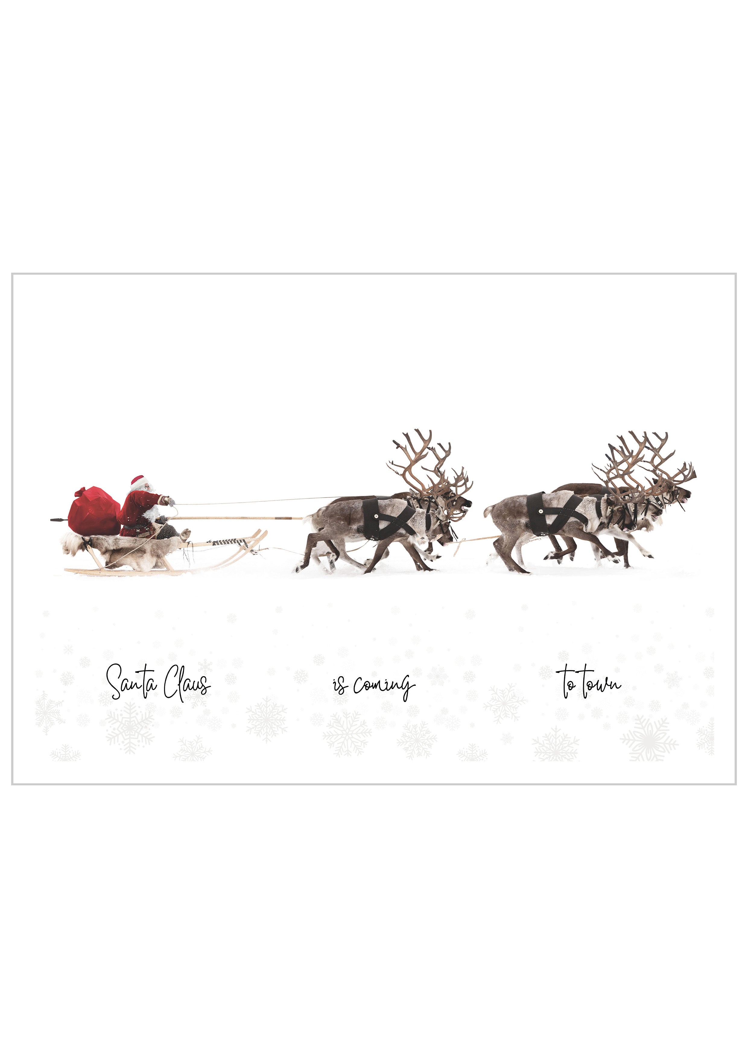 an illustration of Santa Claus in a sleigh with text "Santa Claus is coming to town"