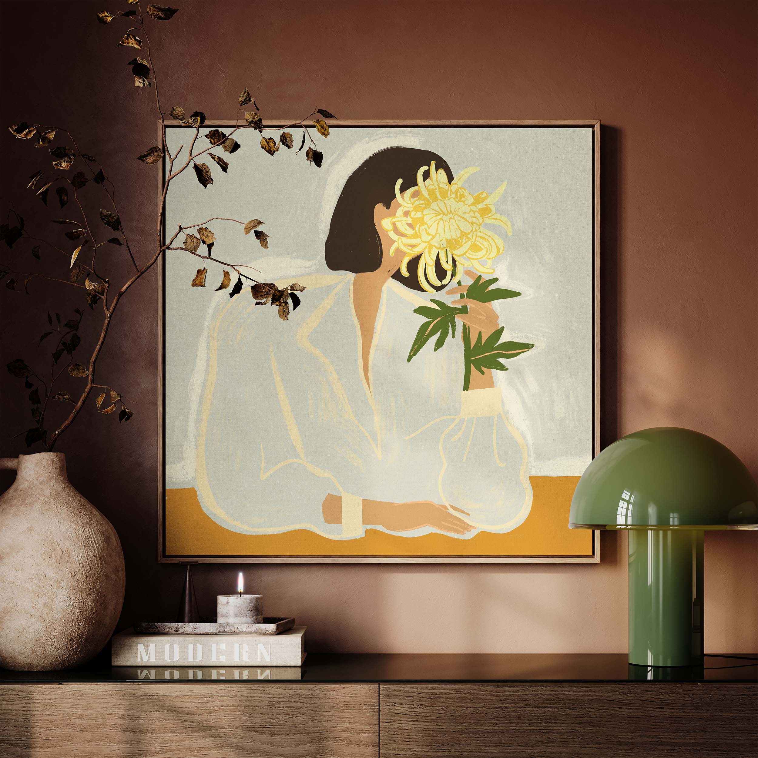 woman leans into a bloom of yellow chrysanthemum, her face half-hidden behind the petals. Soft lines and muted tones give it an easy elegance — part mystery, part beauty.
Artist: Arty Guava