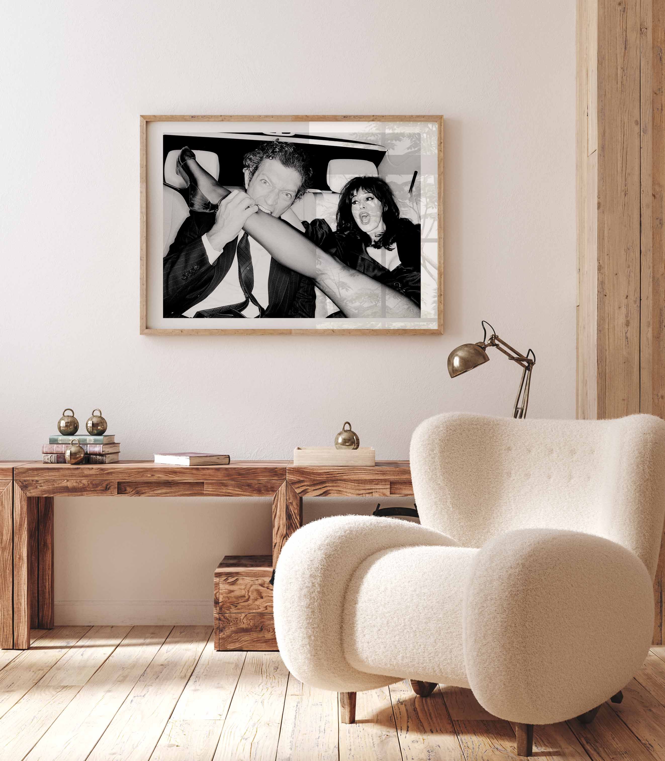 Black and white photography Poster of Vincent biting Monica Bellucci legs in a car