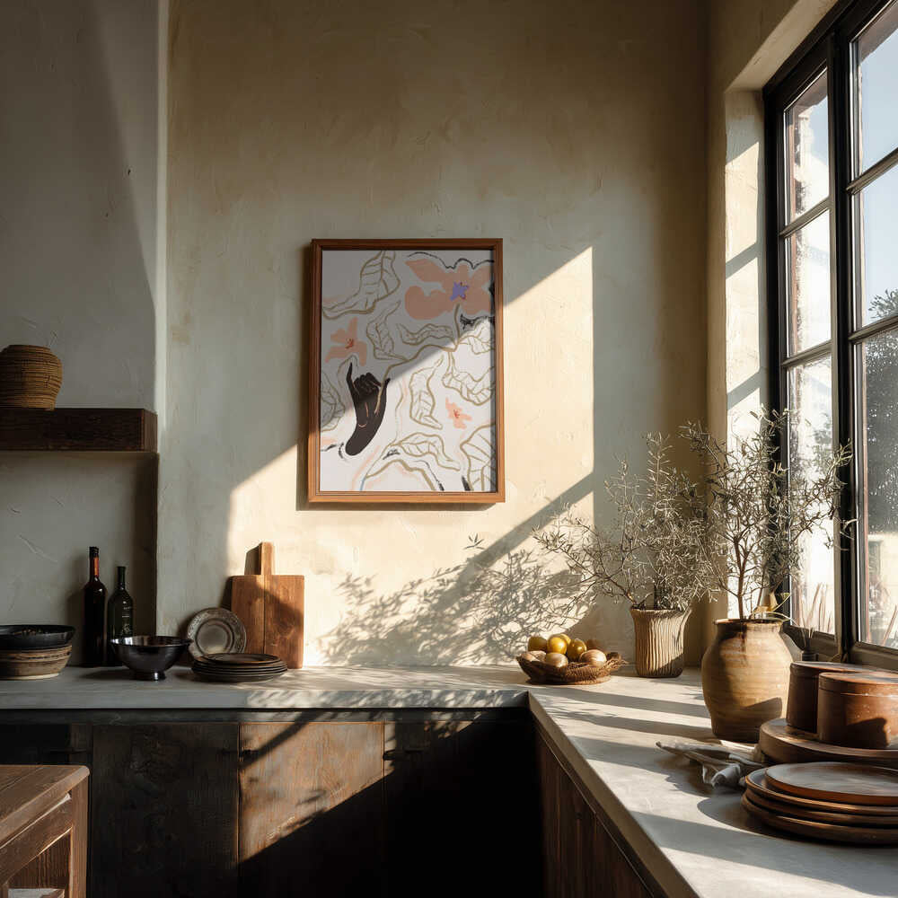 Minimal lines trace flowers and leaves above a dark hand, grounded by muted earth tones on soft beige. Subtle yet bold, this line-driven design works well in serene bedrooms or modern gallery walls. Artist: Arty Guava
