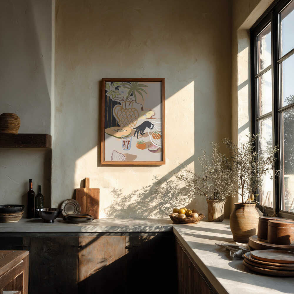 A tabletop of fruit and blossoms captured in rich, modern hues. Still life with a fresh rhythm—perfect for kitchens, dining areas, or spaces that celebrate everyday abundance. Artist: Arty Guava
