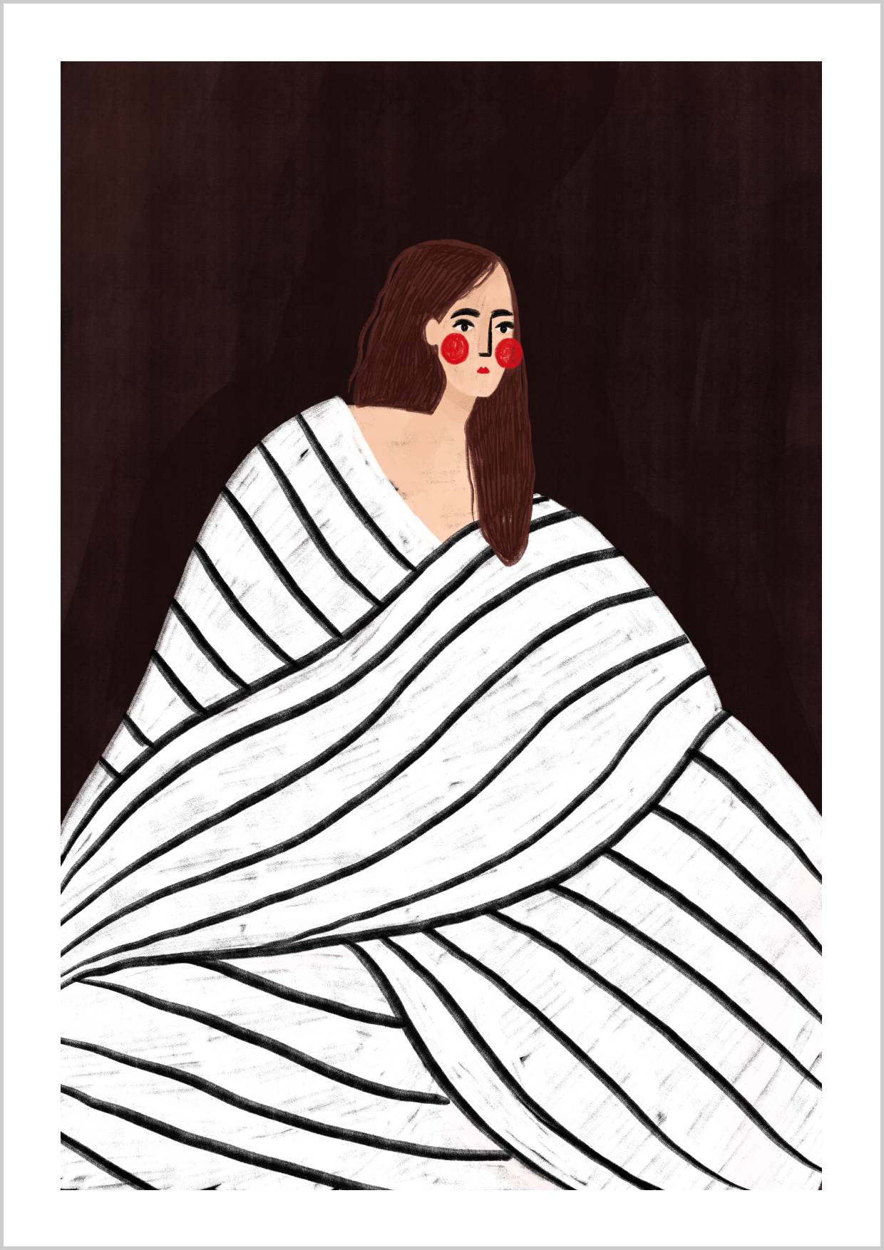 A woman with long brown hair wrapped in a white and black striped textile, set against a dark brown background. – Arteve Gallery