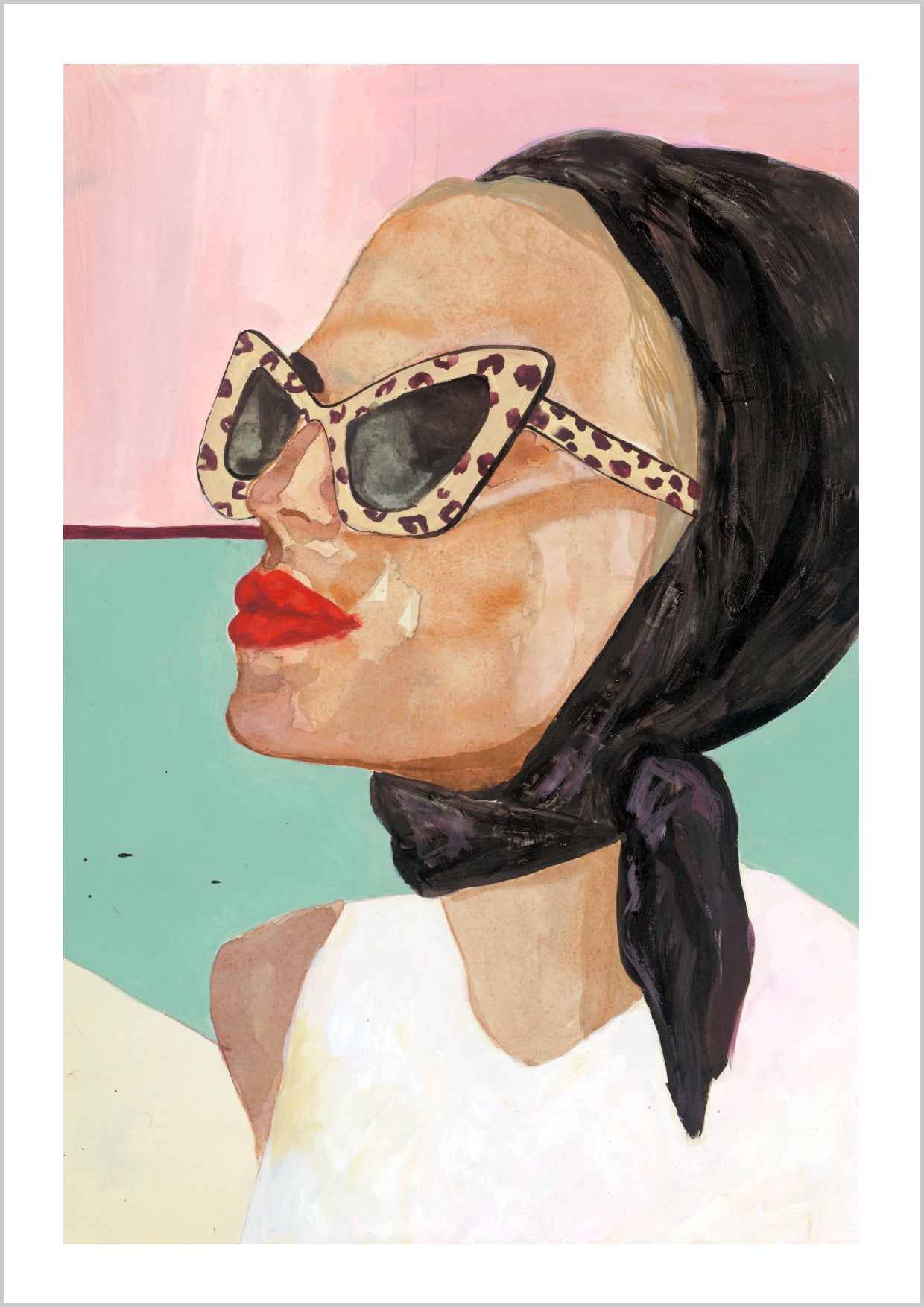 A woman wearing leopard print sunglasses and a black headscarf, with bold red lips, against a pastel background. – Arteve Gallery