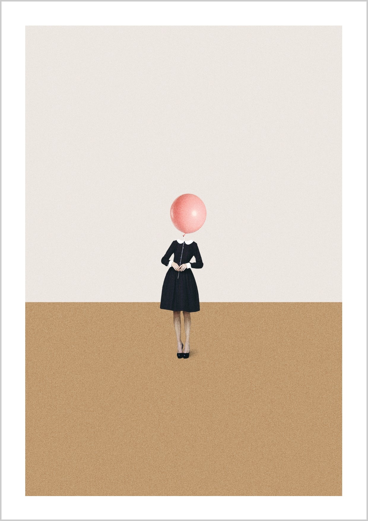 A figure in a black dress stands on a tan surface, with a pink balloon instead of a head against a light background. – Arteve Gallery