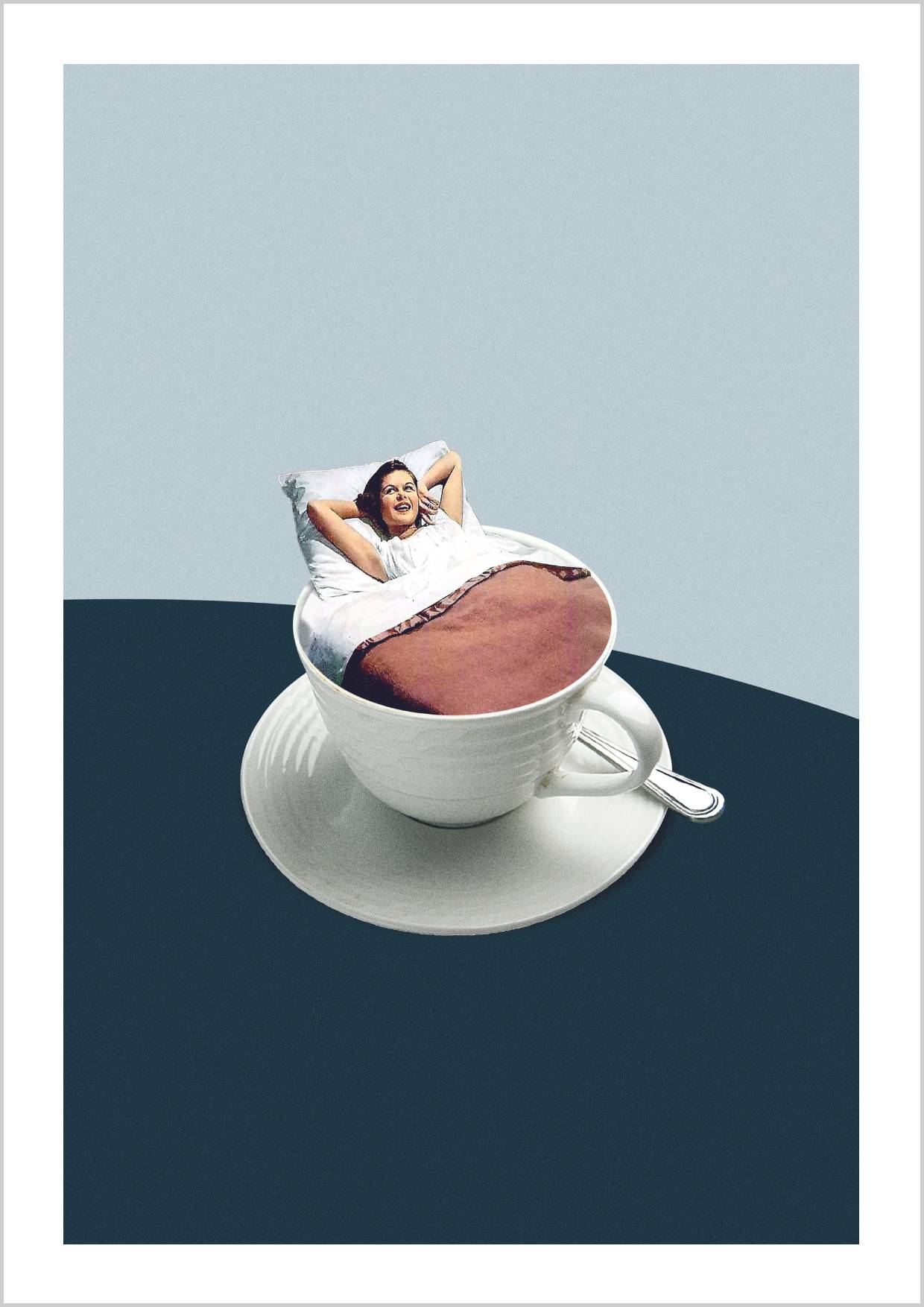 A woman lying in a cup, surrounded by soft colors and a calming atmosphere. – Arteve Gallery