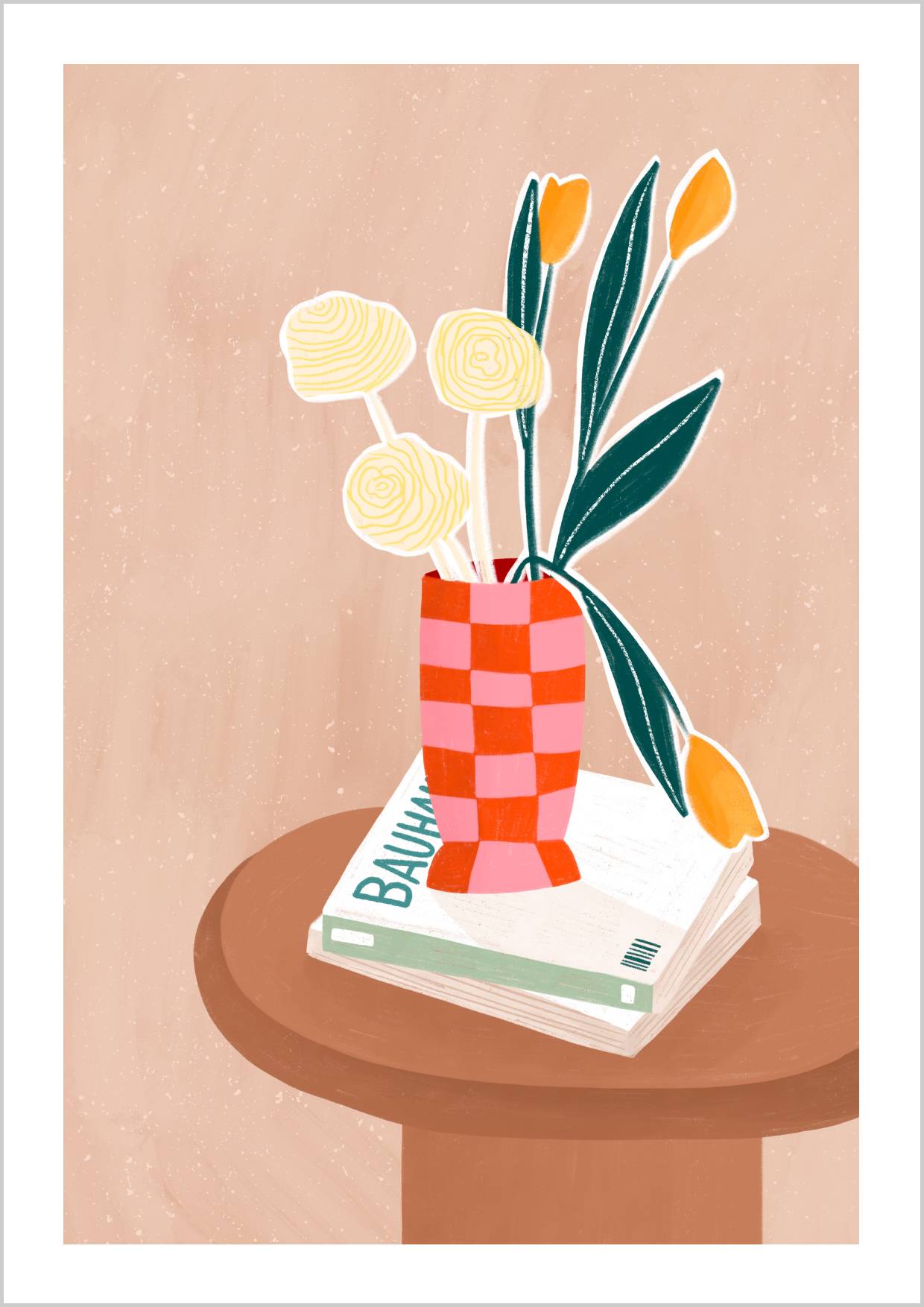 A colorful illustration of flowers in a checkered red vase, resting on a stack of books. – Arteve Gallery