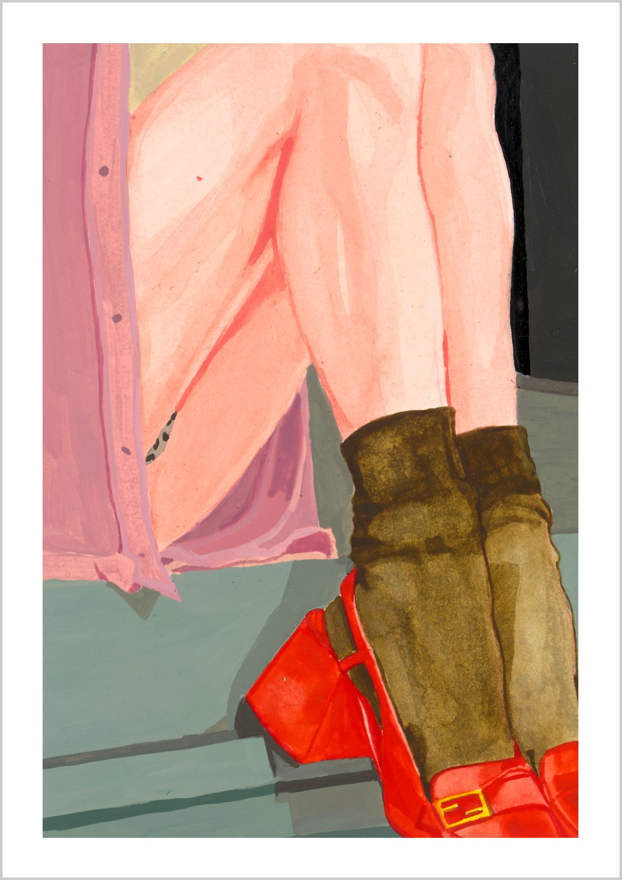 Illustration of a girl's legs with red shoes and soft pink skin tones, set against a muted background. – Arteve Gallery