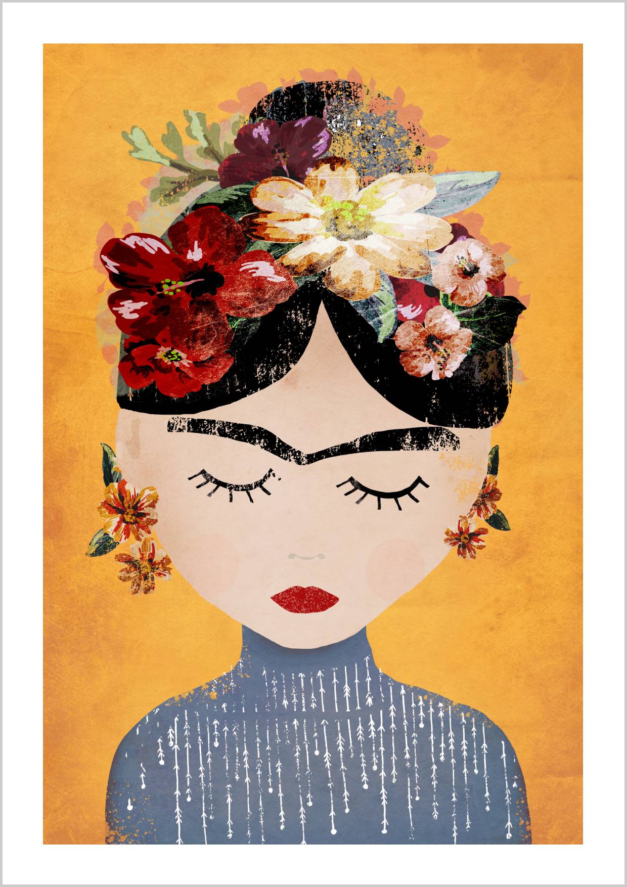A stylized portrait of a woman with closed eyes, adorned with colorful flowers in her hair against a warm yellow background. – Arteve Gallery