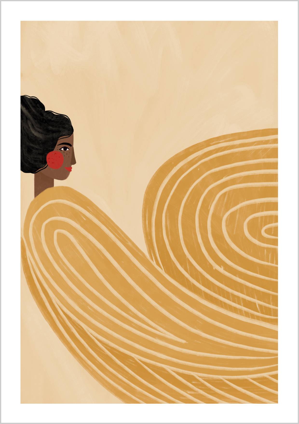 Stylized female portrait with flowing yellow stripes and warm earth tones against a light background. – Arteve Gallery