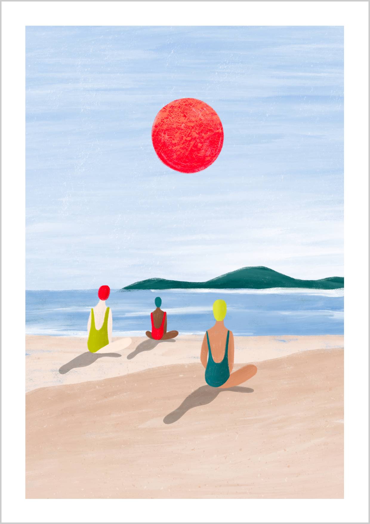 Three figures sitting on a sandy beach, facing a calm sea under a large red sun. – Arteve Gallery