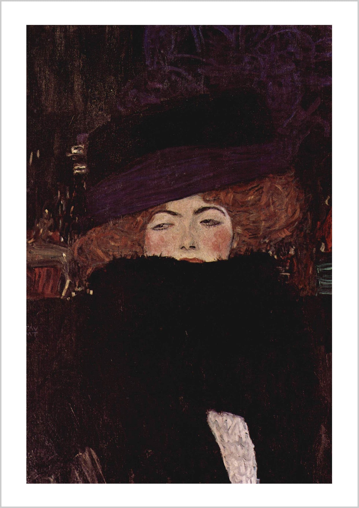 Portrait of a woman with striking red hair, wearing a large black hat and fur scarf, set against a dark background. – Arteve Gallery
