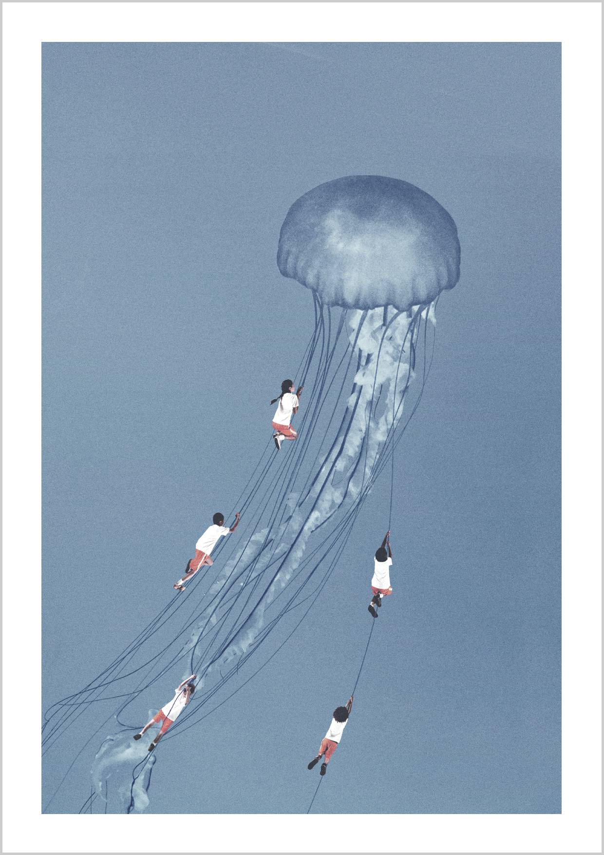 Children climbing on the tentacles of a large jellyfish in a blue sky. – Arteve Gallery