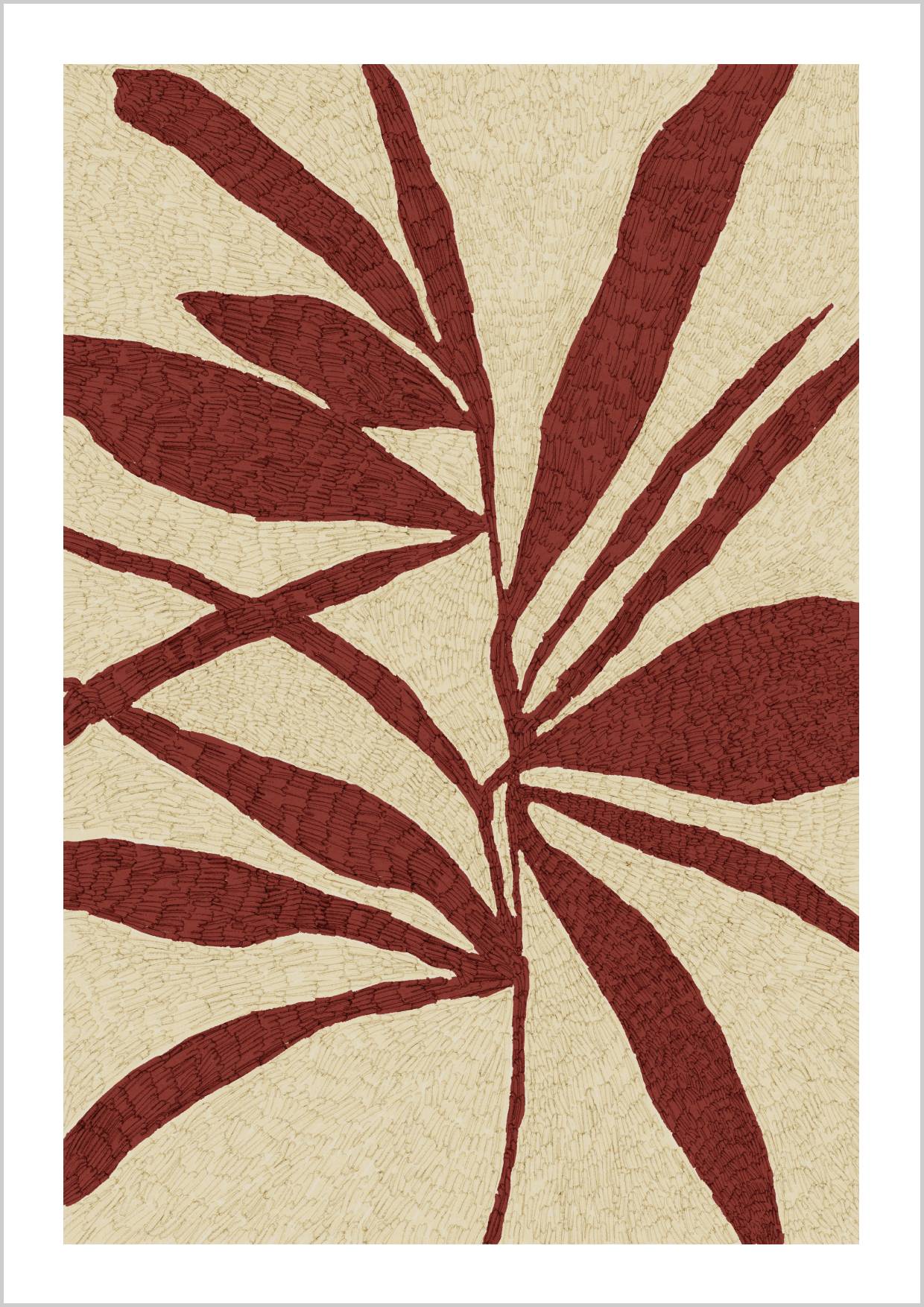 Abstract representation of red leaves on a cream background with a textured appearance. – Arteve Gallery