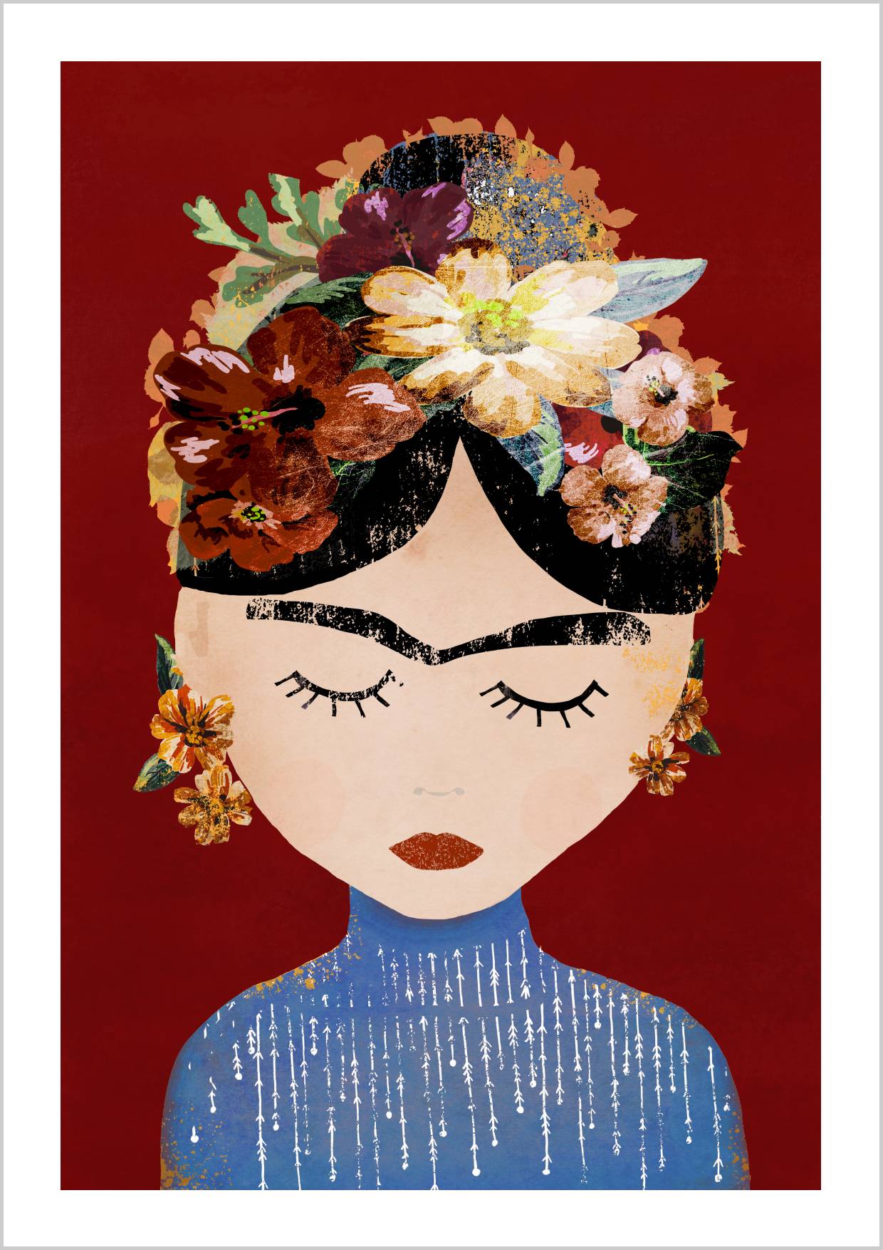 A woman with floral headpiece and closed eyes, set against a red background. – Arteve Gallery