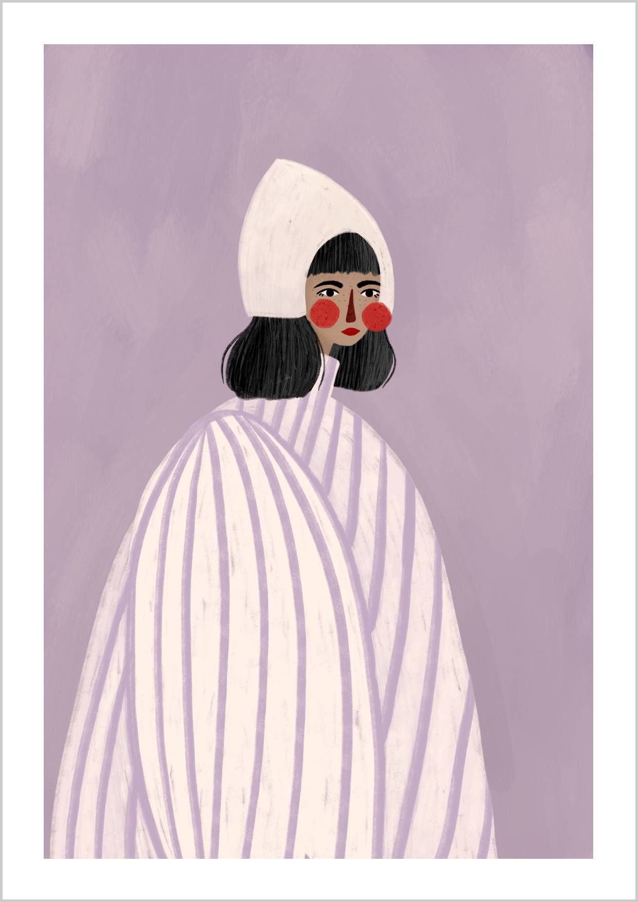 A stylized portrait of a woman wearing a white hat and striped shirt against a pastel purple background. – Arteve Gallery