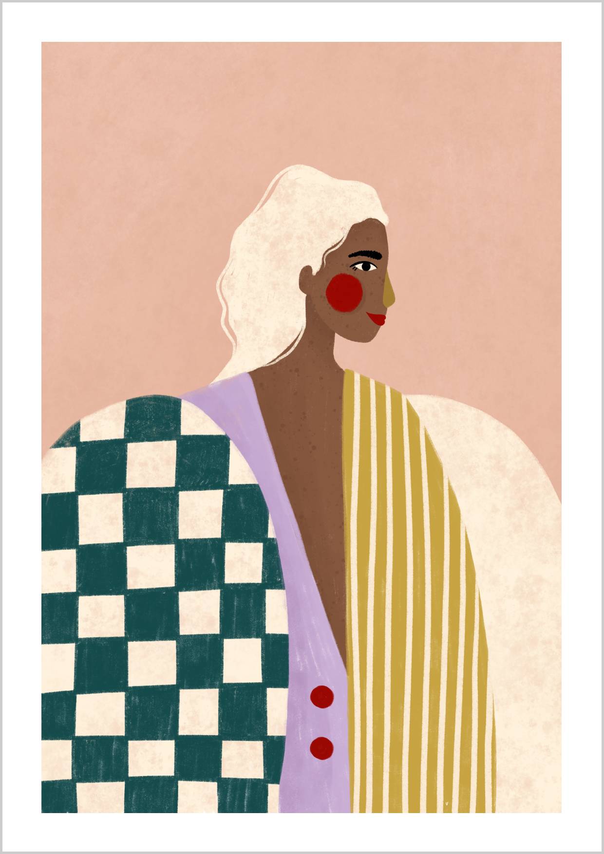 A side profile of a woman with colorful geometric patterns on her clothing and a soft pink background. – Arteve Gallery