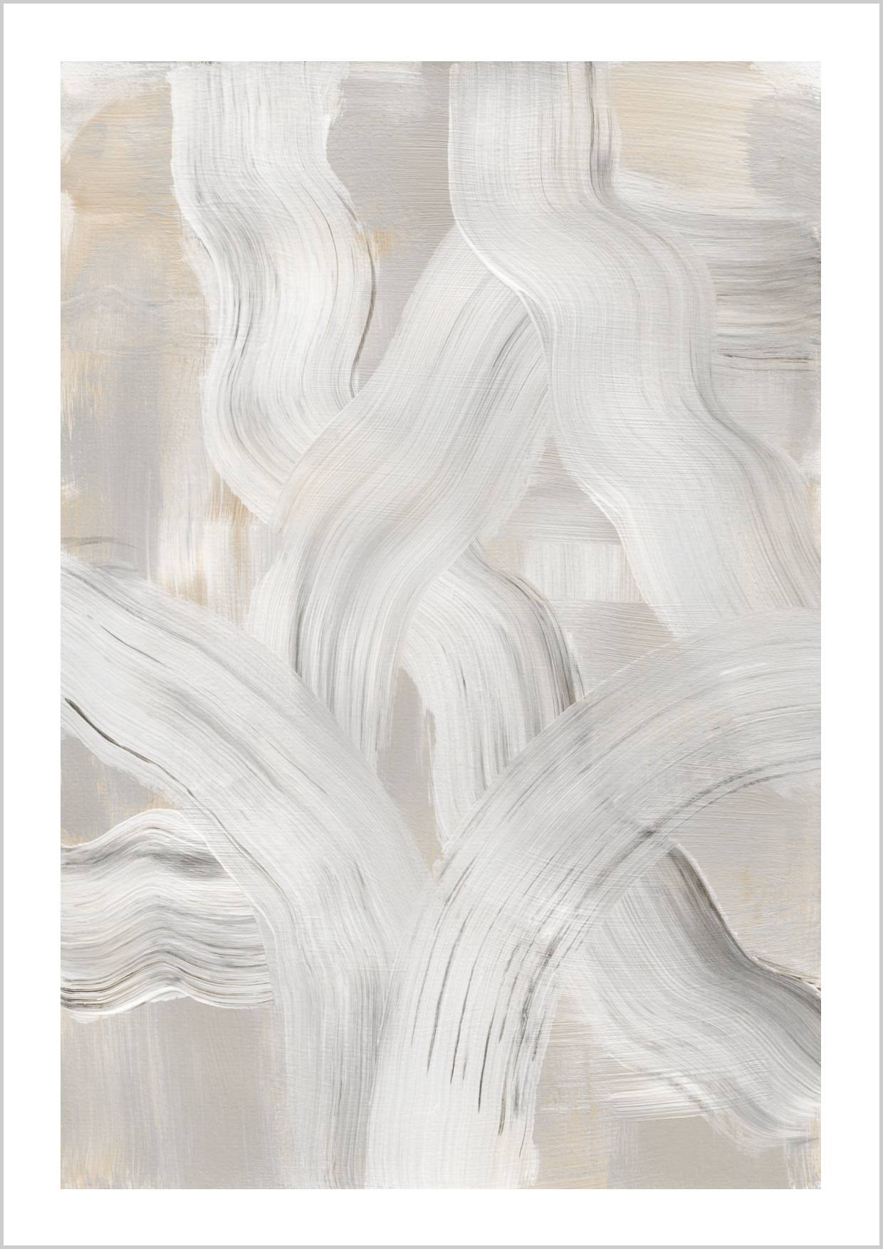 Abstract composition of flowing white and beige brushstrokes on a textured background. – Arteve Gallery