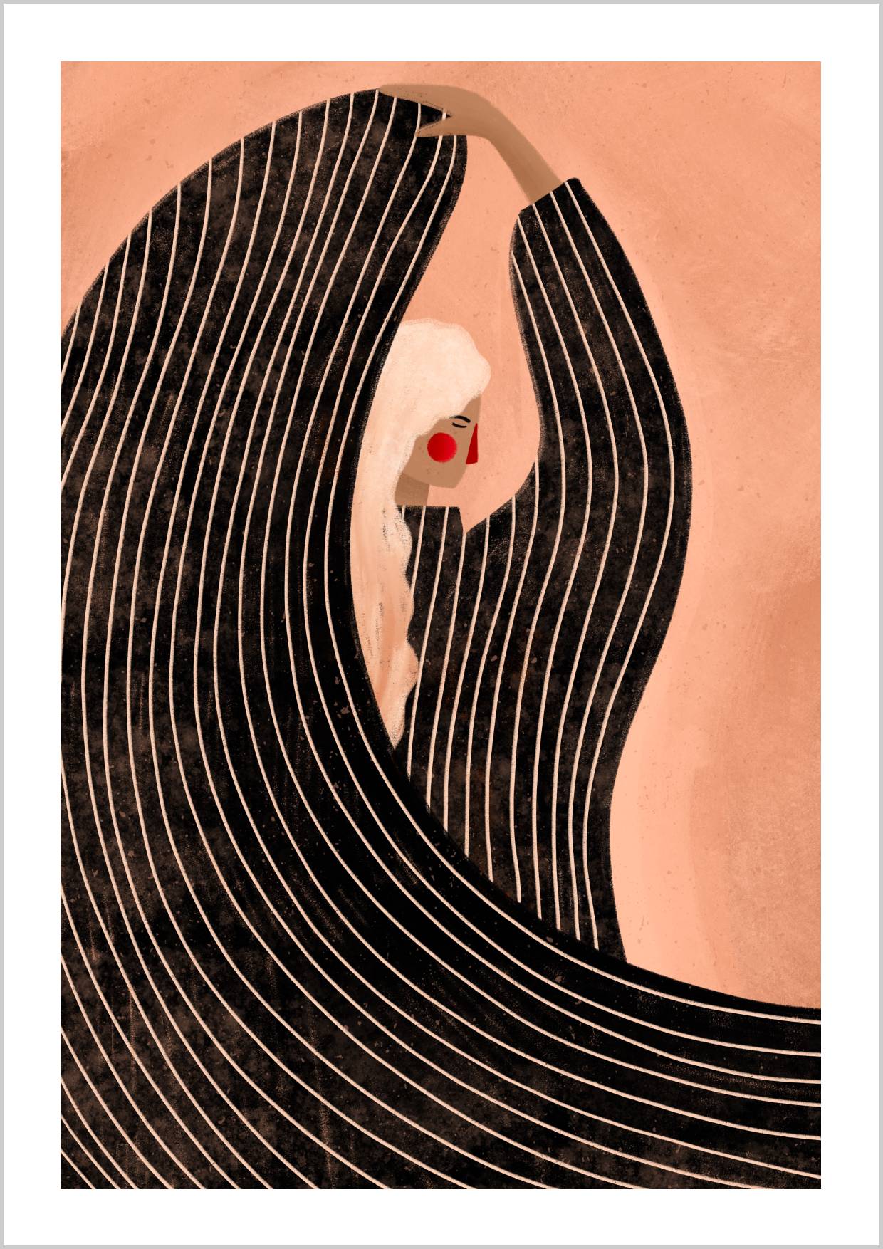 A minimalist portrait of a woman with flowing black lines surrounding her, set against a warm peach background. – Arteve Gallery