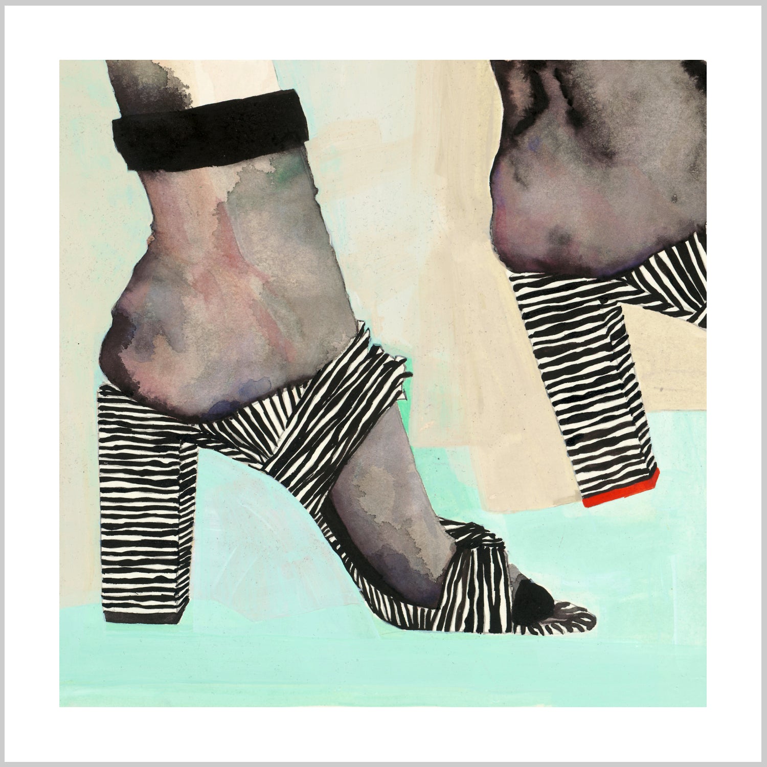 Close-up of high-heeled shoes with a striped design, featuring a watercolor effect and soft background colors. – Arteve Gallery