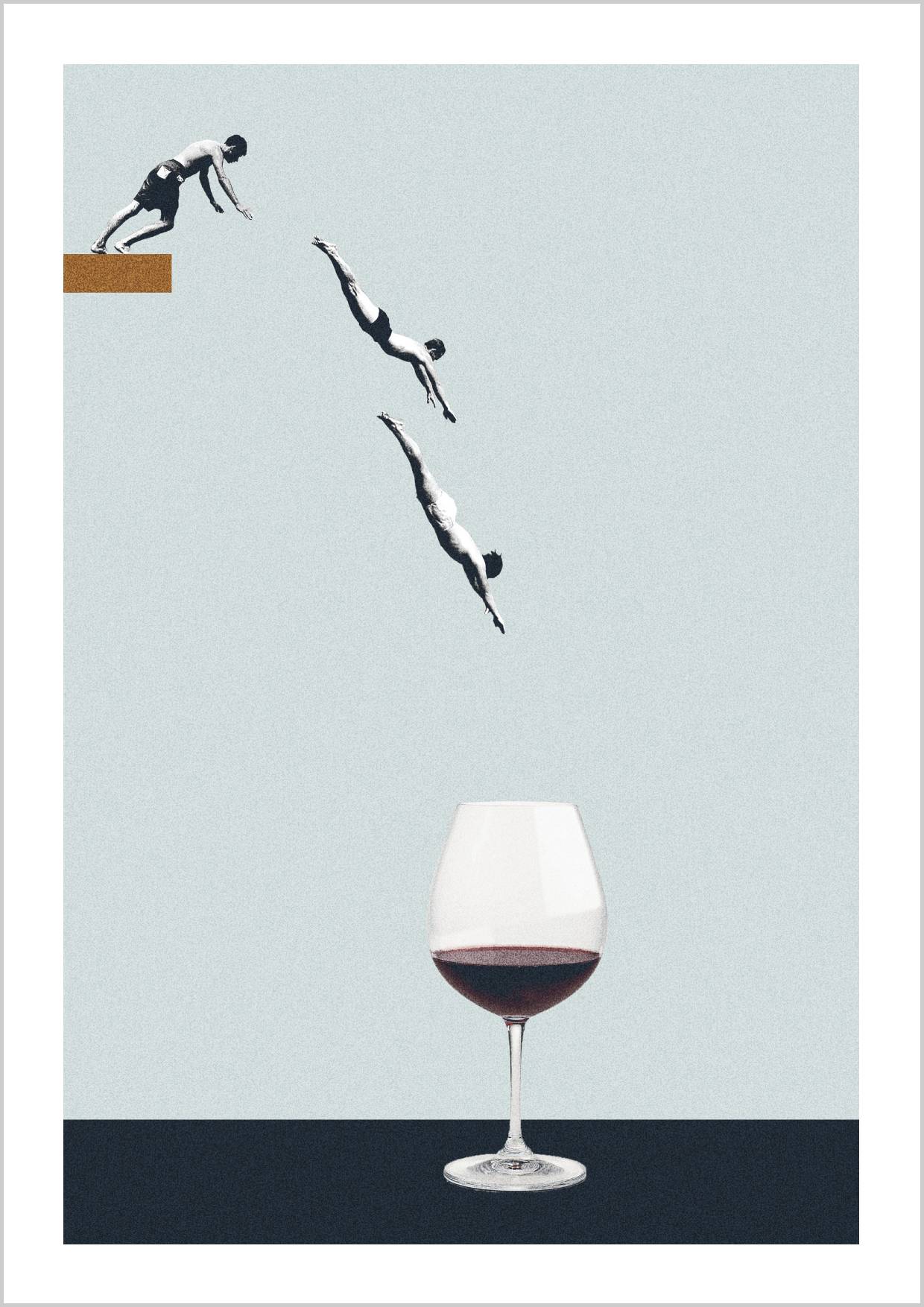 Three divers leaping into a wine glass set against a muted background. – Arteve Gallery