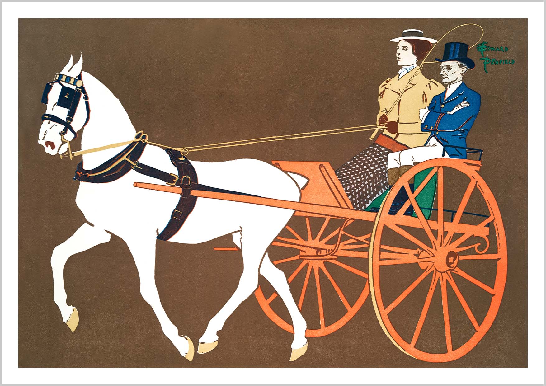 A white horse pulling an ornate carriage with two elegantly dressed figures, set against a warm brown backdrop. – Arteve Gallery