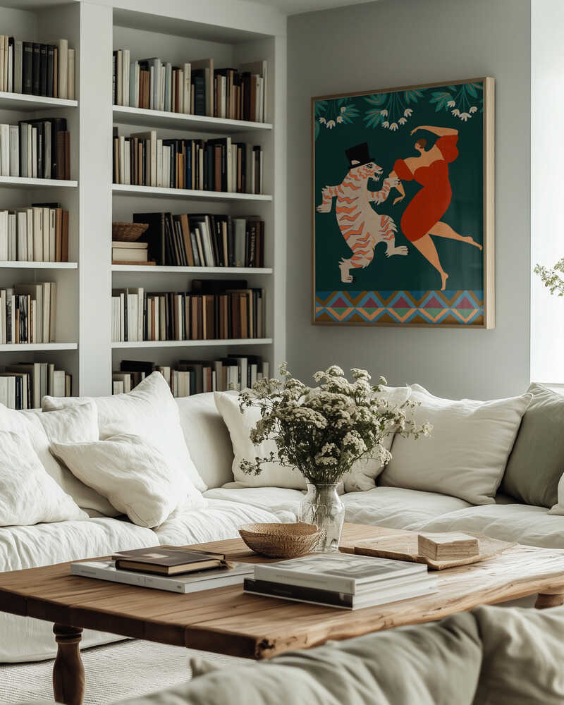 A lively dance between a woman in red and a tiger dressed in a top hat. Bold, theatrical, and full of character, this artwork turns storytelling into wall art. A statement piece for creative spaces, lounge rooms, or anywhere that calls for a touch of drama.
