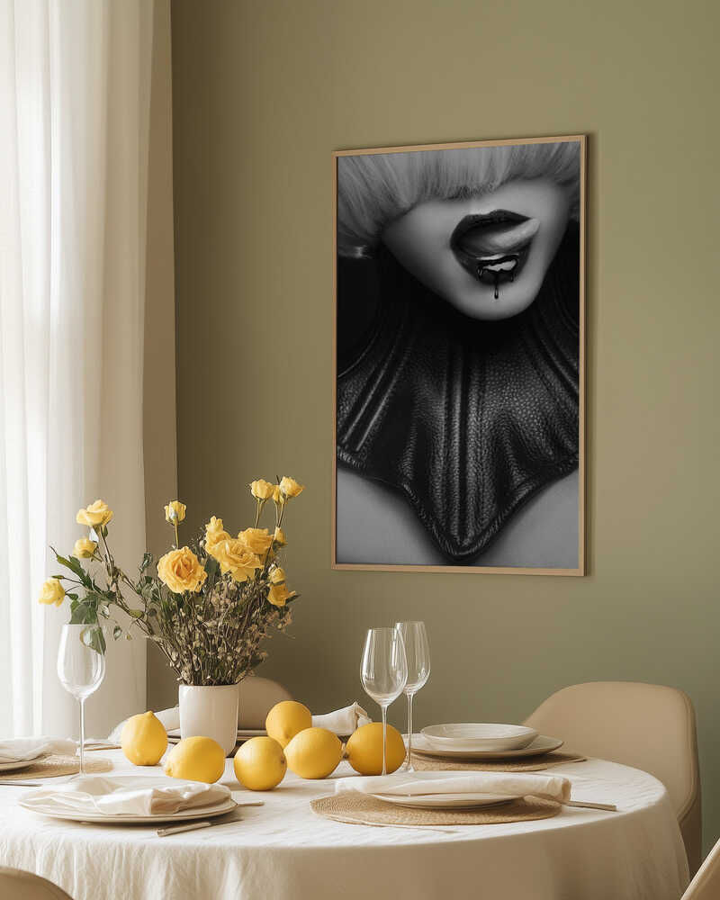 Dark, sensual and a little dangerous. Madame Noire focuses on lips with a piercing, captured in moody black and white. A statement piece for lovers of bold, rebellious art.