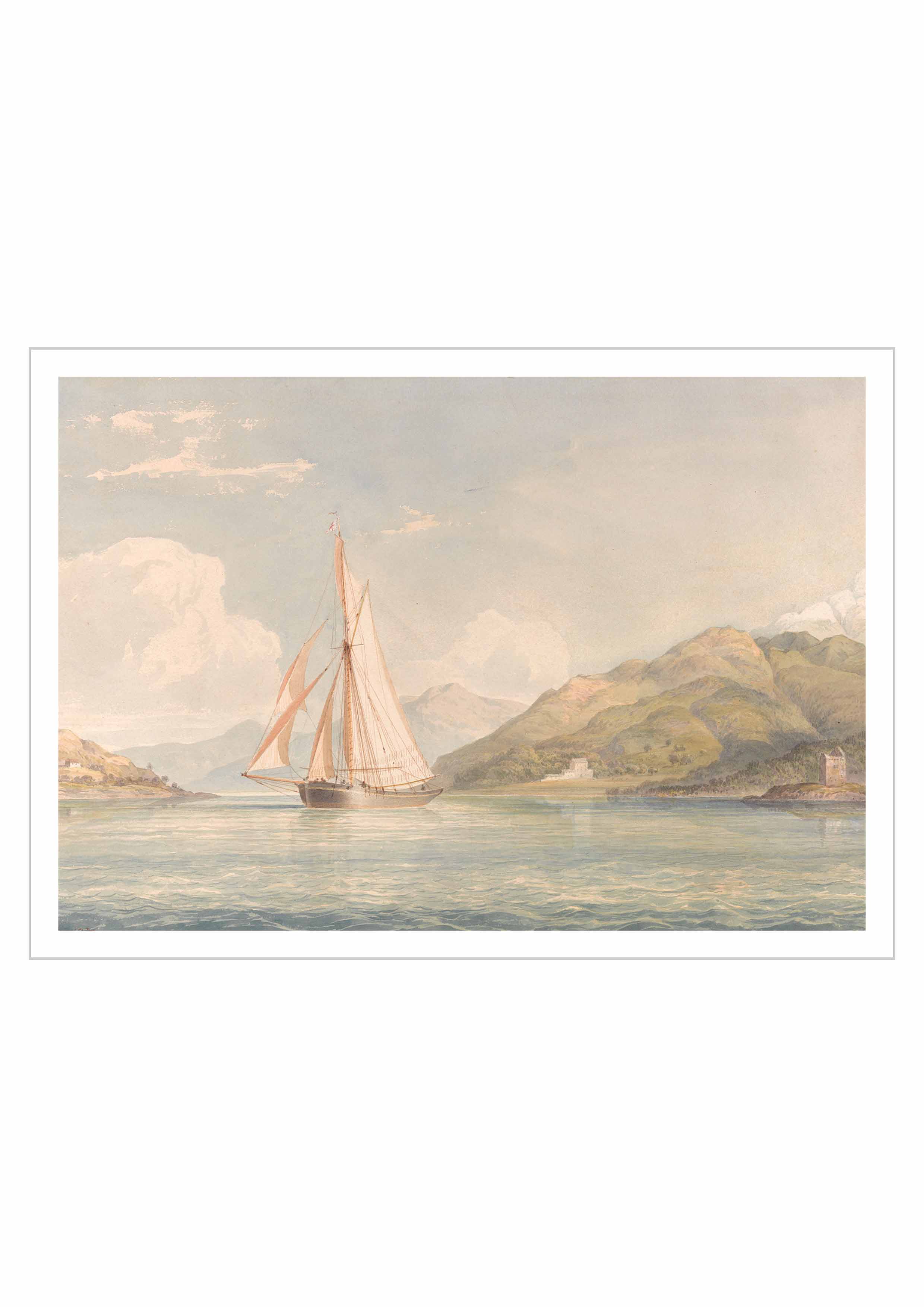 A fine art Poster "Boat Sailing to the Left with Mountains in the Background" from the British artist John Christian Schetky.  Digitally remastered for an ultra-high resolution.