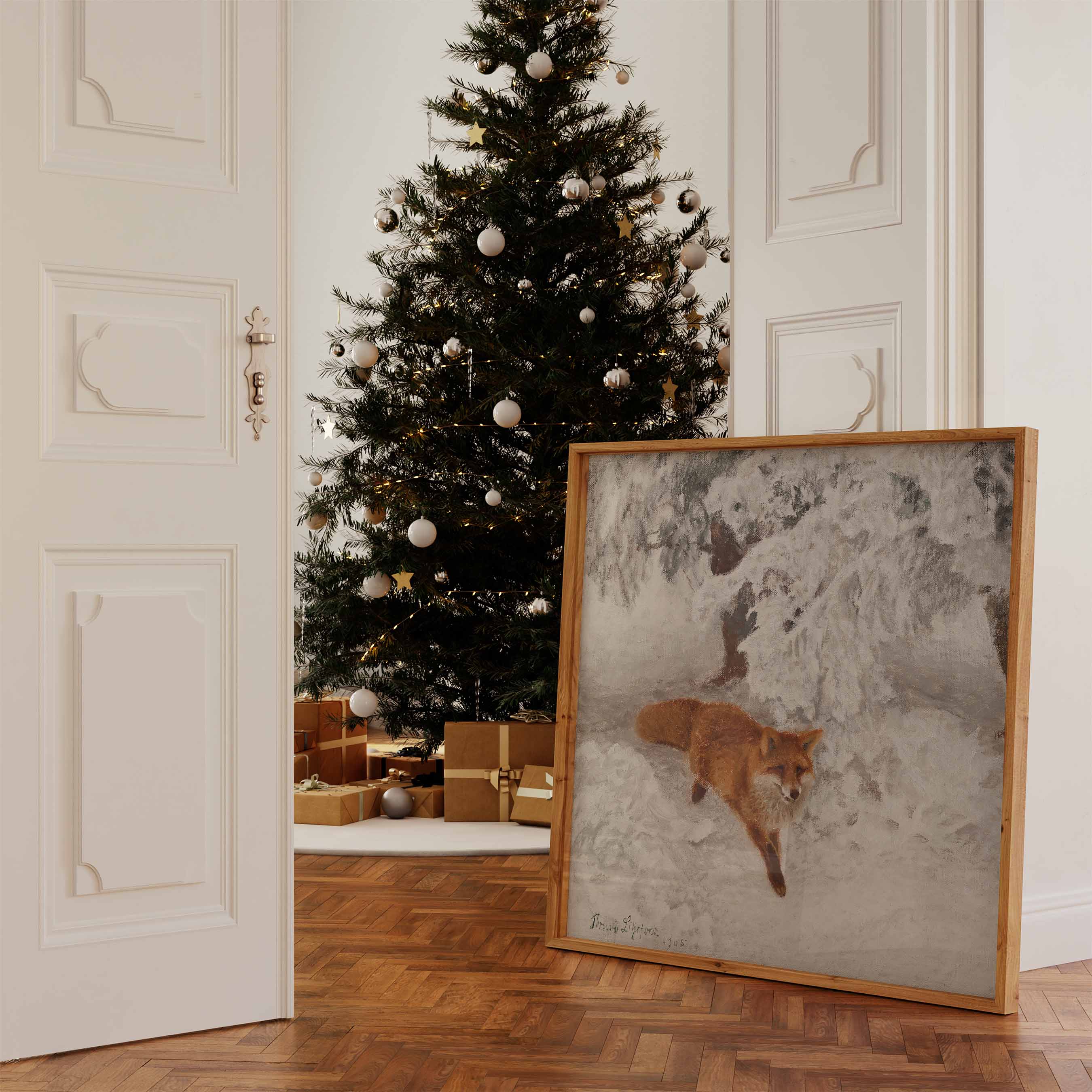 A vintage painting of "Red Fox" in winter landscape by the Swedish artist Bruno Liljefors.