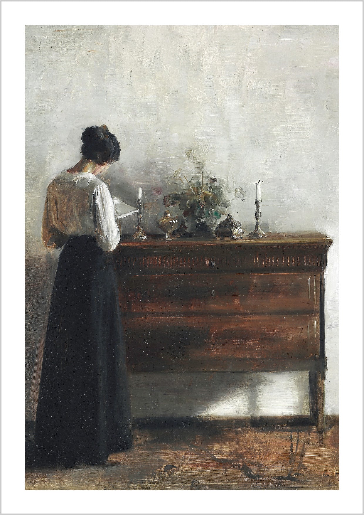 Carl Holsøe Fine Art Print, Interior with the artist's wife standing at a chest of drawers reading.