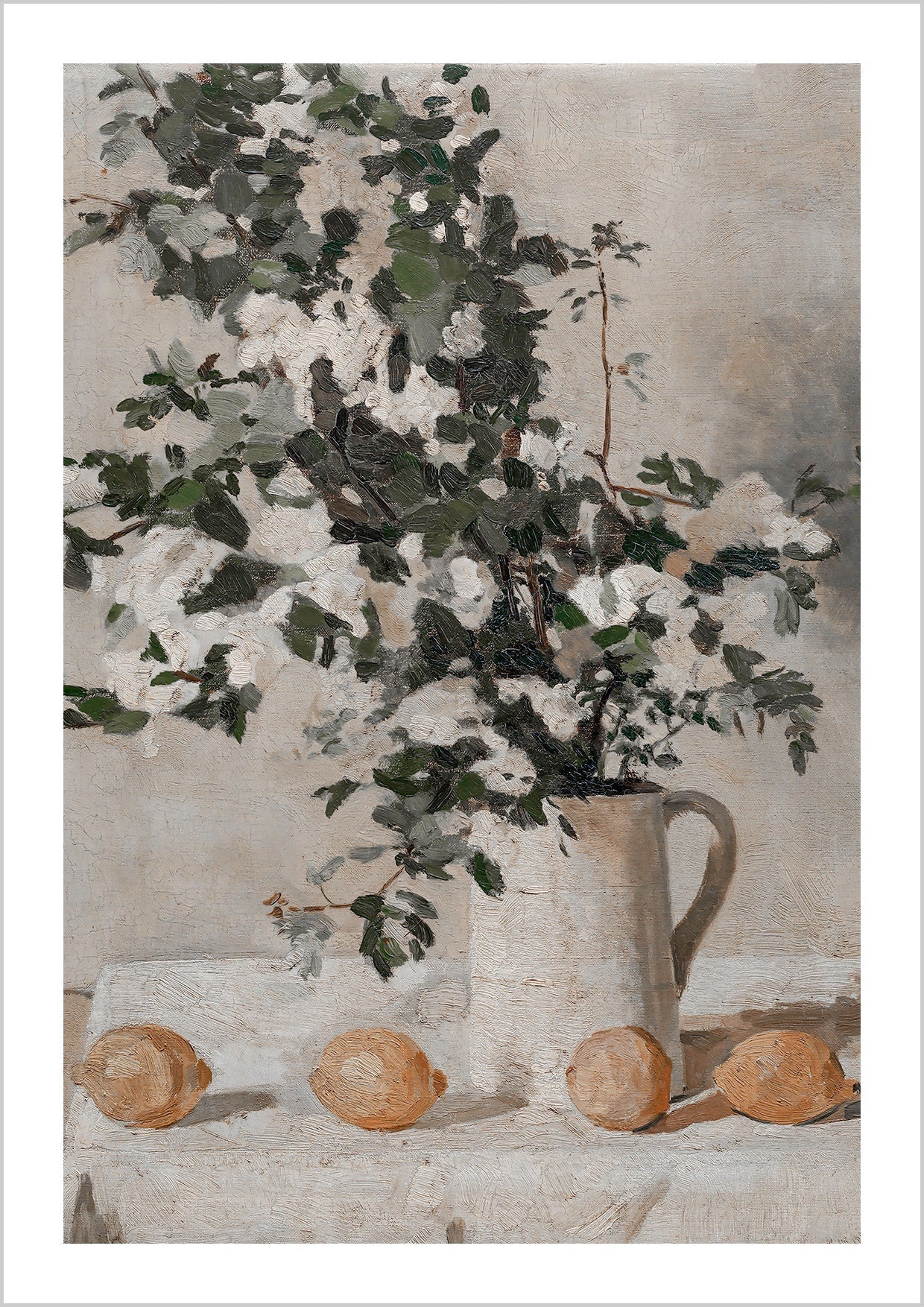 Vintage painting Still Life Flowers and lemon, with its bright neutral tones, and an antique vase.