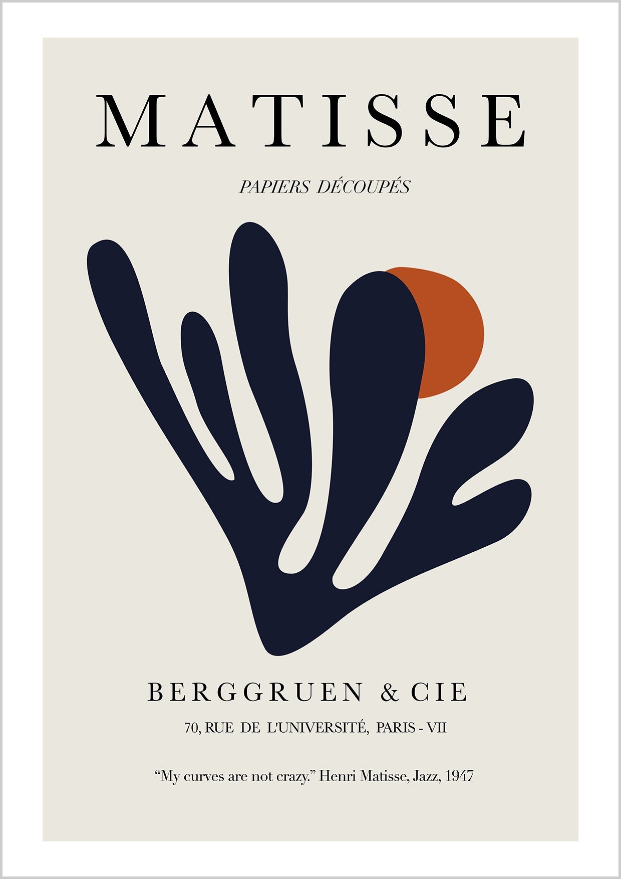Henri Matisse the cut outs in blue marine with text my curves are not crazy