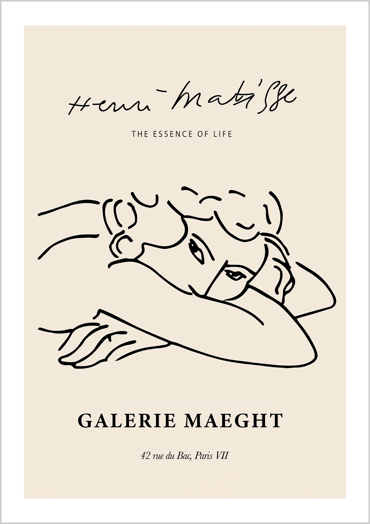 Henri Matisse’s inspired, simple line art of a resting woman on a beige background