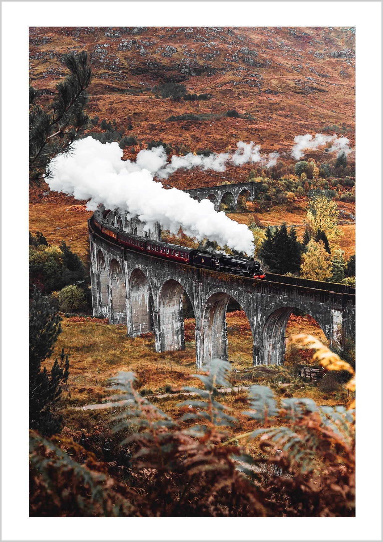 Photography of Glenfinnan Viaduct railway bridge in Scotland. The steam red train drives through the charming bridge, passing a beautiful landscape of hills and forests.