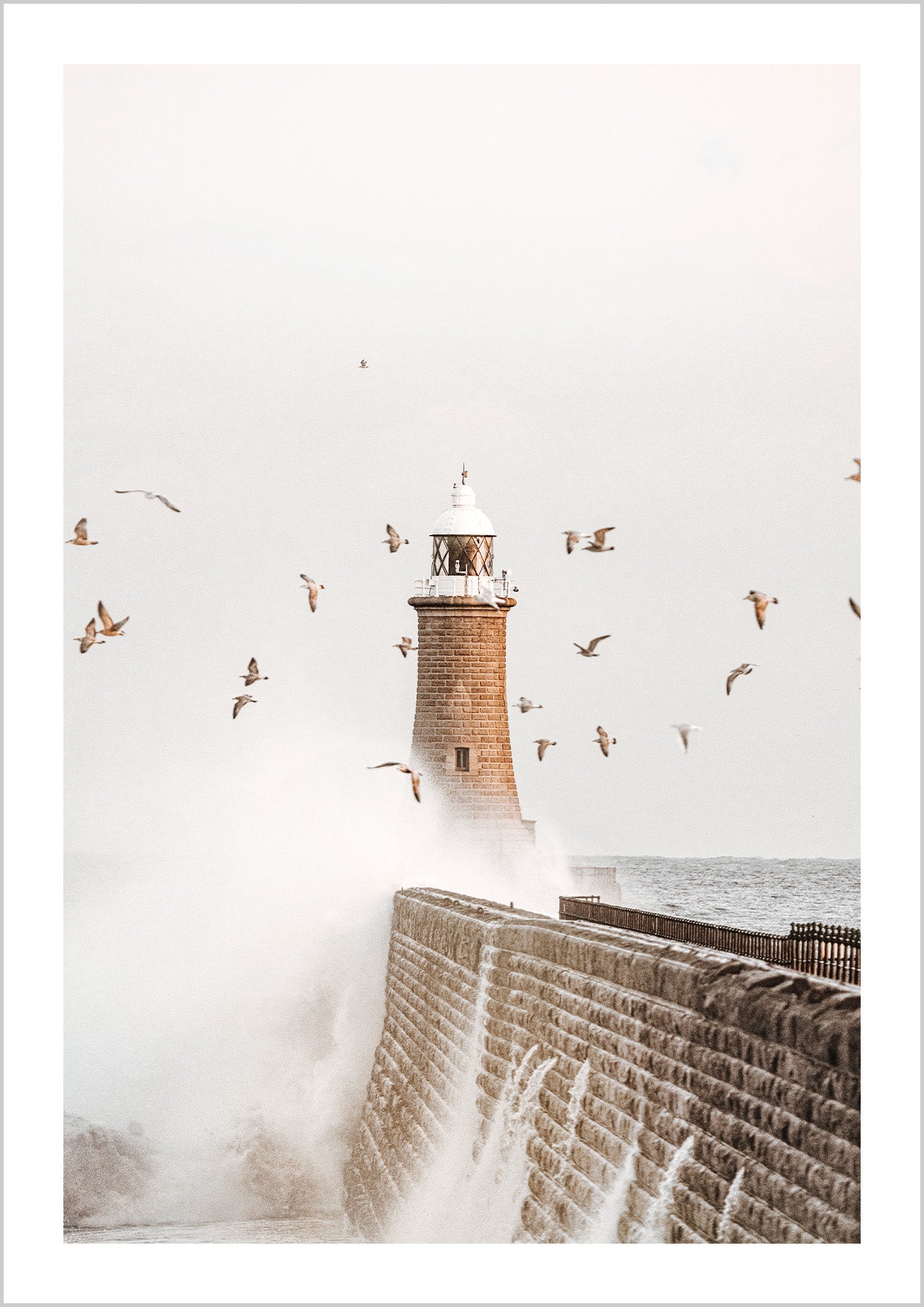 Photograph of a lighthouse surrounded by waves and birds flying around. The perfect choice for those who want an earthy poster with movements. This art Poster has a grainy photo structure.