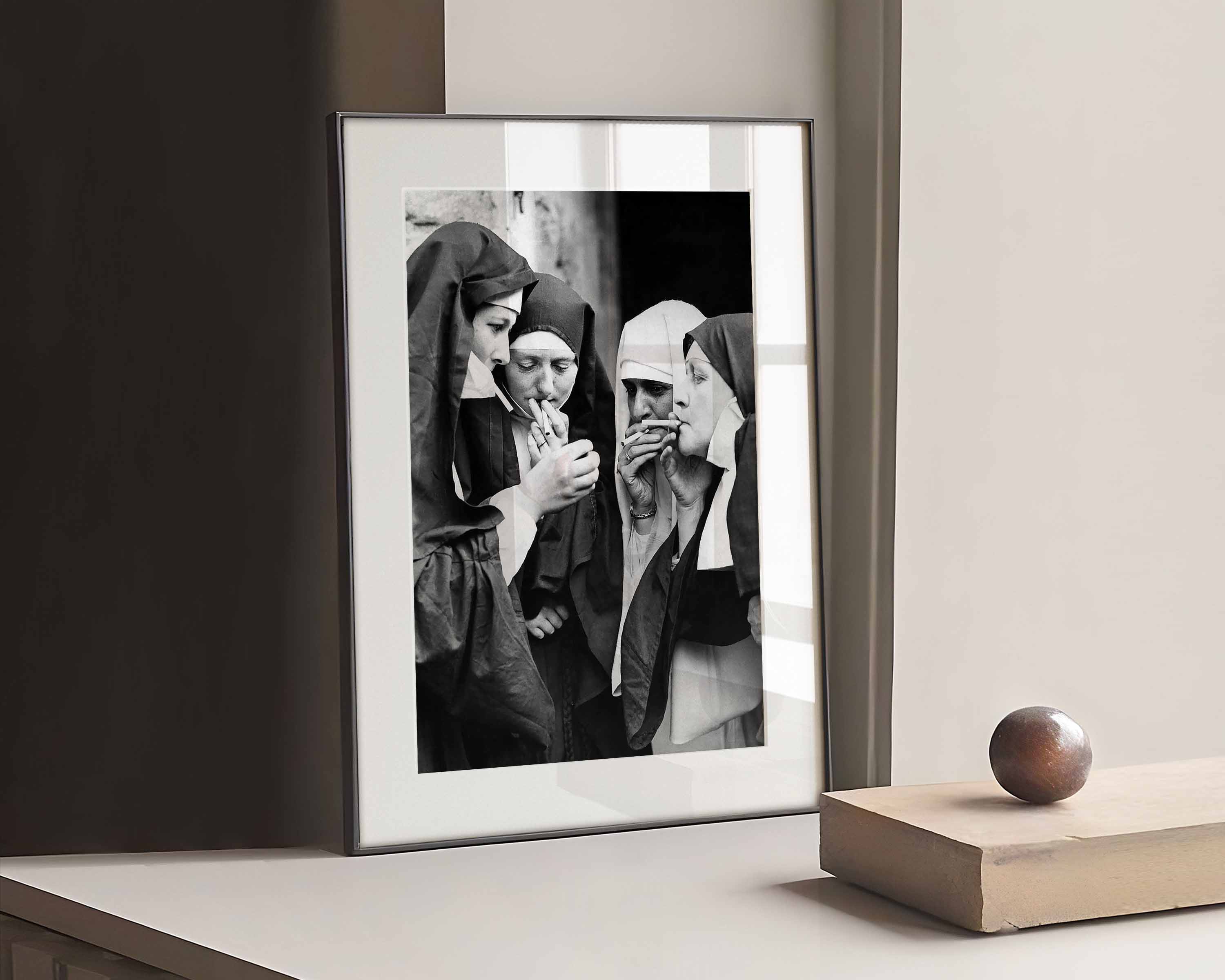 Historic photography print of women dressed as nuns having a cigarette break during the Walmer Castle pageant in Kent.