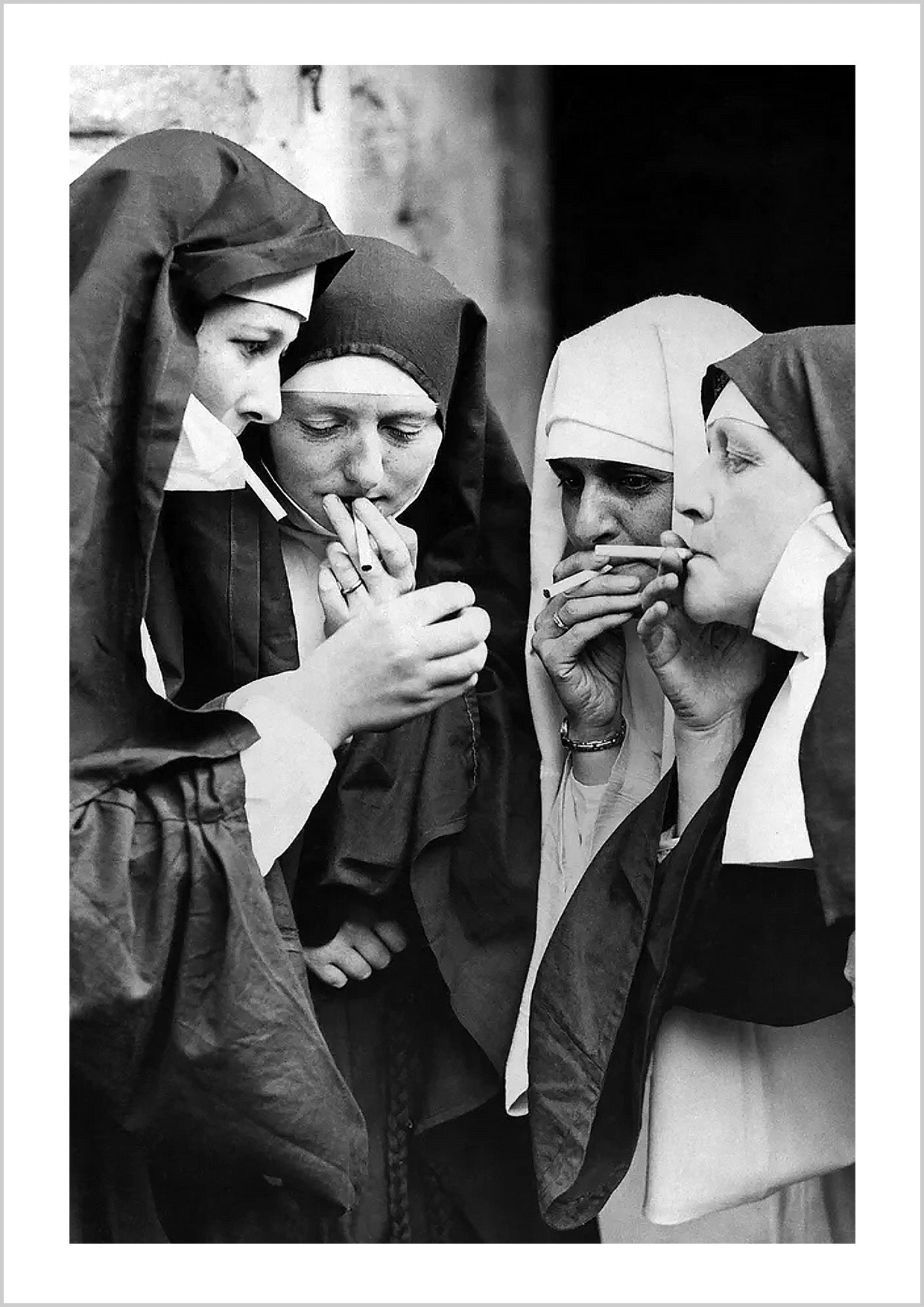 Historic photography print of women dressed as nuns having a cigarette break during the Walmer Castle pageant in Kent.