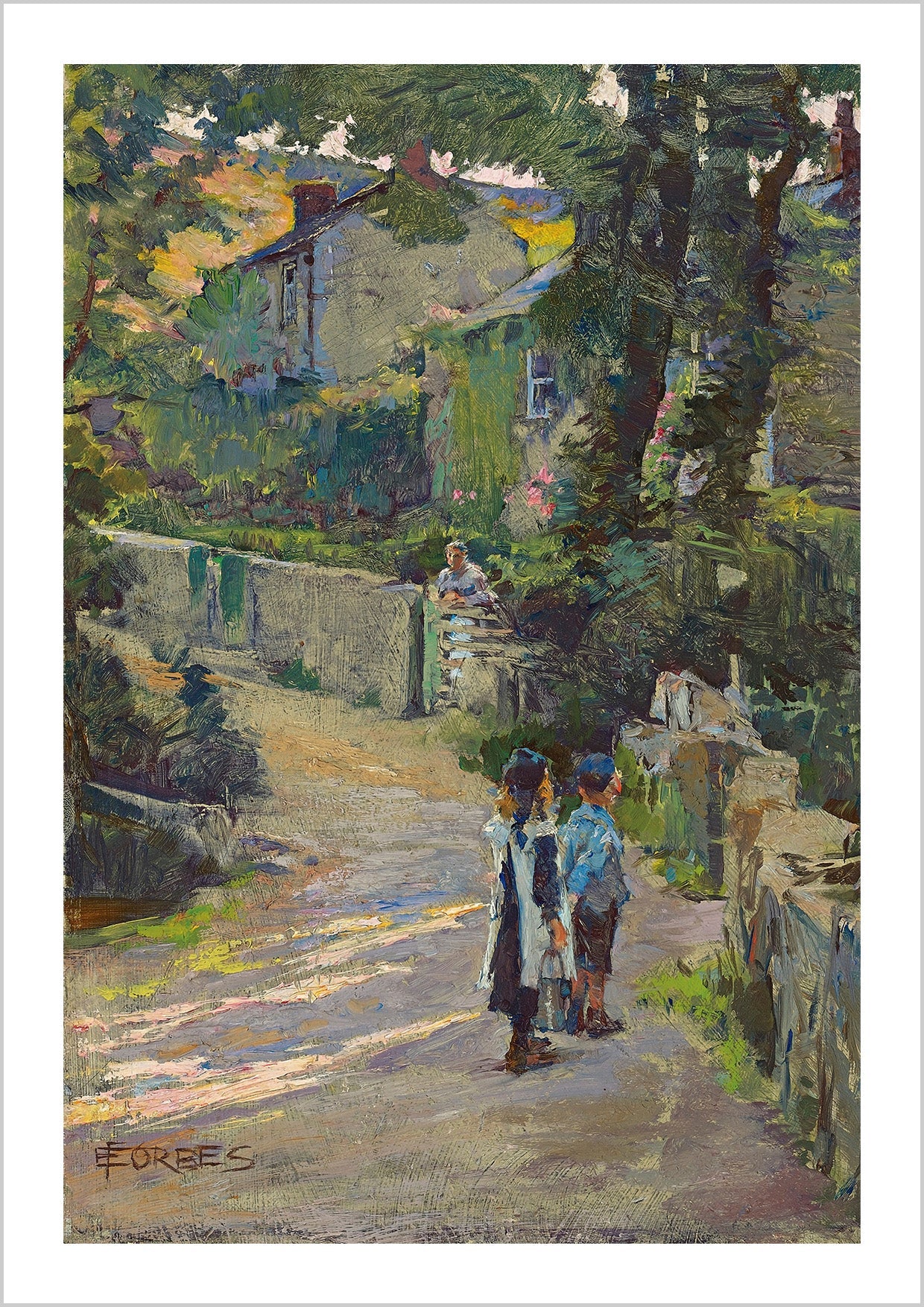 Vintage Painting Children Off to School in an Old Town by Elizabeth Adela Forbes.
