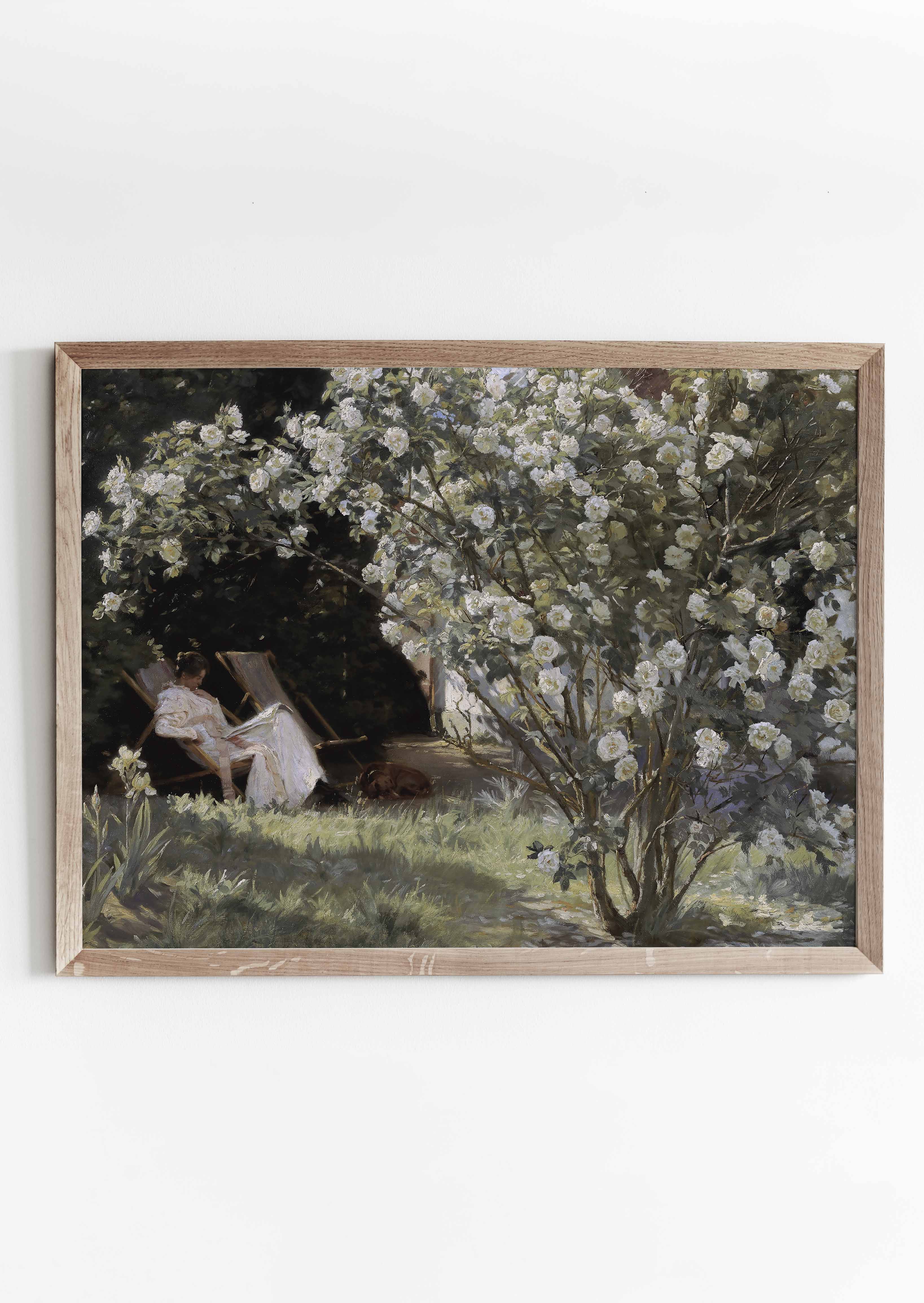 Roses. Marie Krøyer seated in the deckchair in the garden by Mrs. Bendsen’s house (1893). Painted by the Danish artist Peder Severin Krøyer.