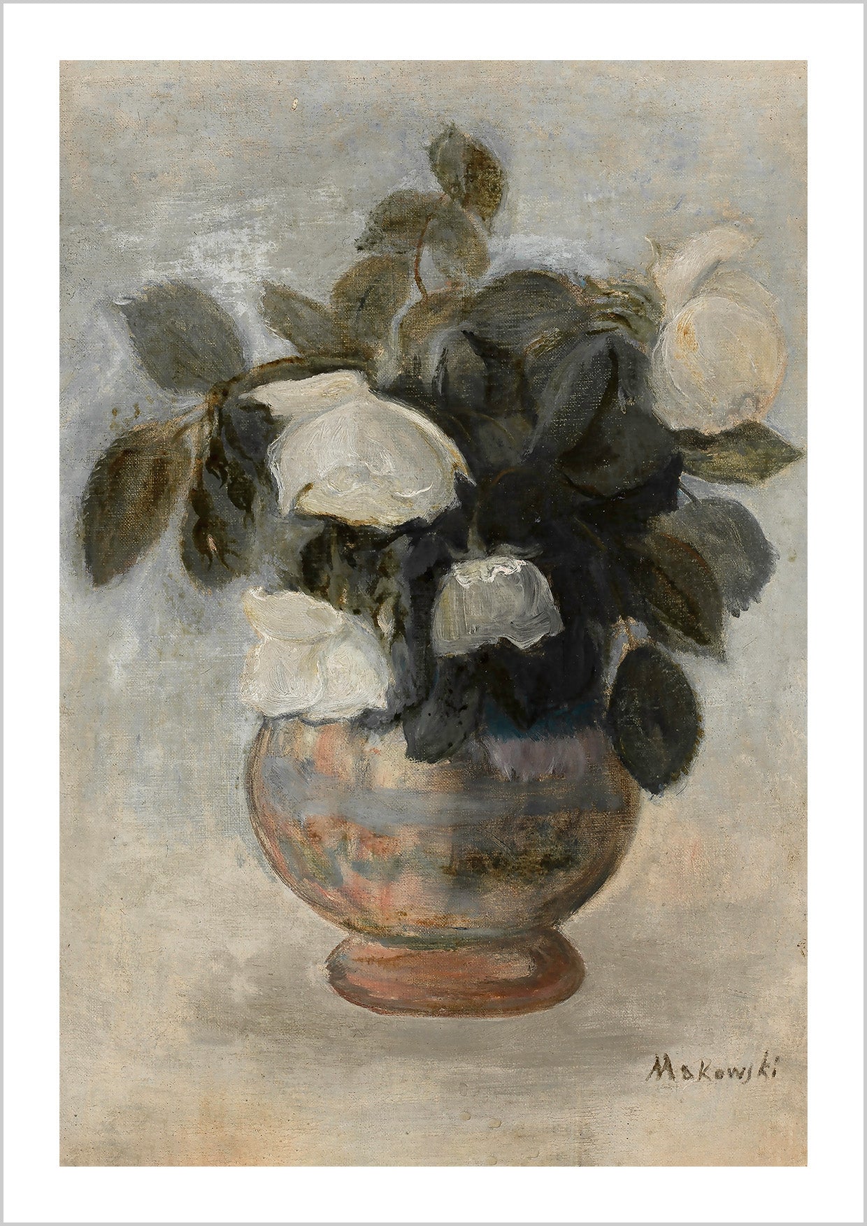 Vintage Painting Kitchen Still life roses, with its neutral tones, and antique vase. Polish painter: Tadeusz Makowski (Polish, 1882-1932)