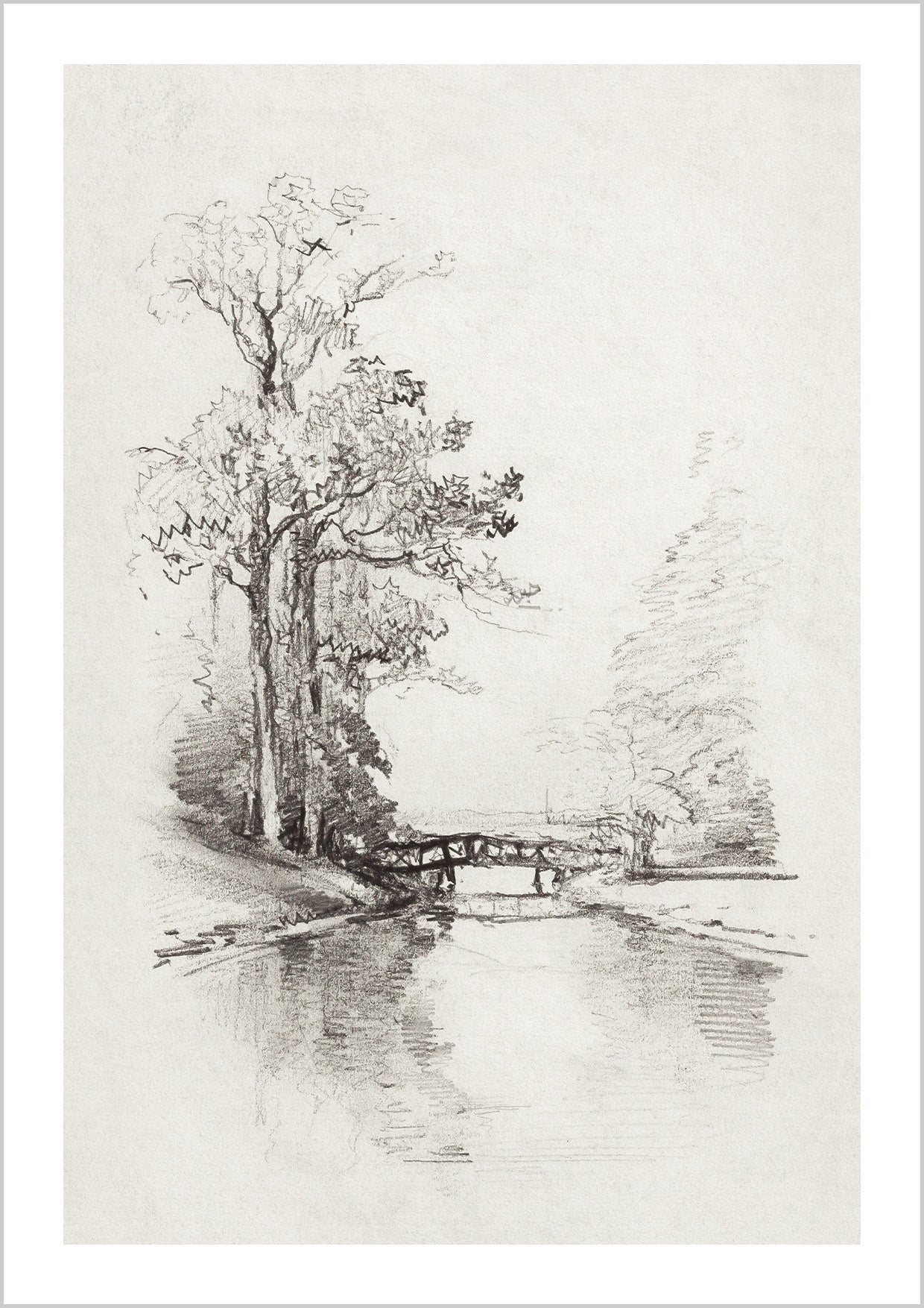 Simple black and white landscape, pine tree, bridge and stream sketch