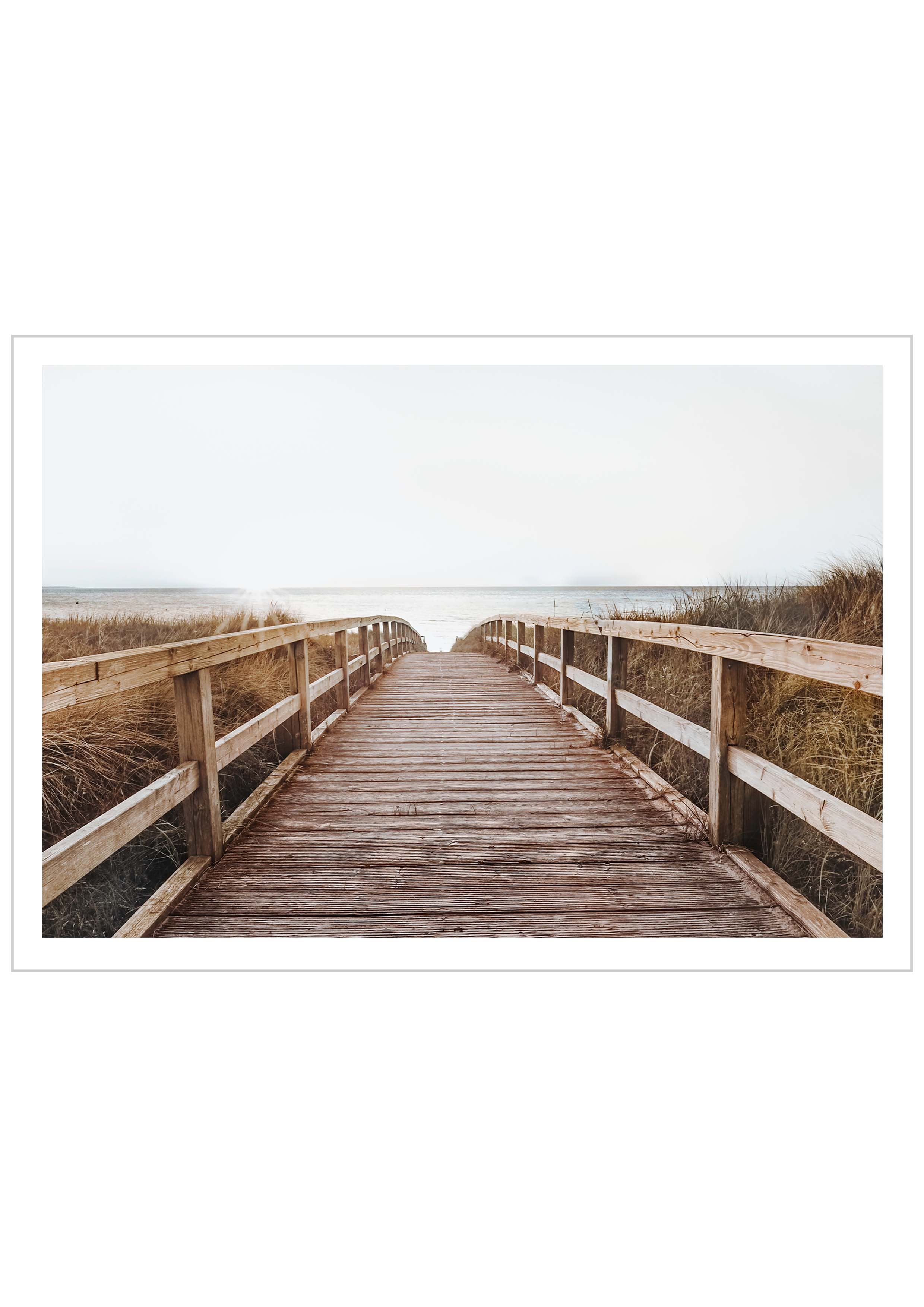 Photograph of a wooden path leads down to a beach and the calm ocean. The gentle sun rays give the photographic Poster a warm atmosphere.