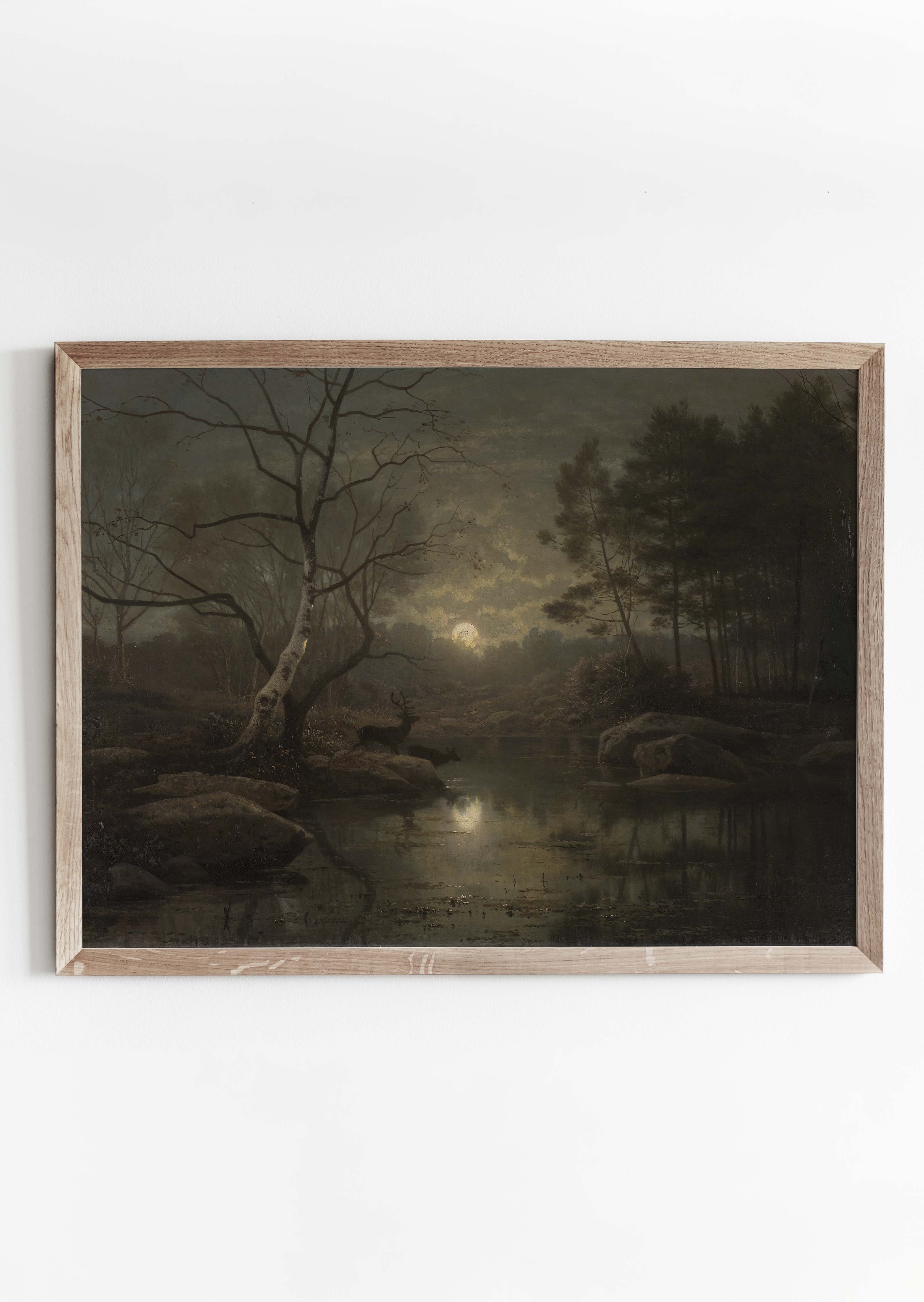 This original artwork "Forest Landscape in the Moonlight" was painted by the German artist Georg Eduard Otto Saal