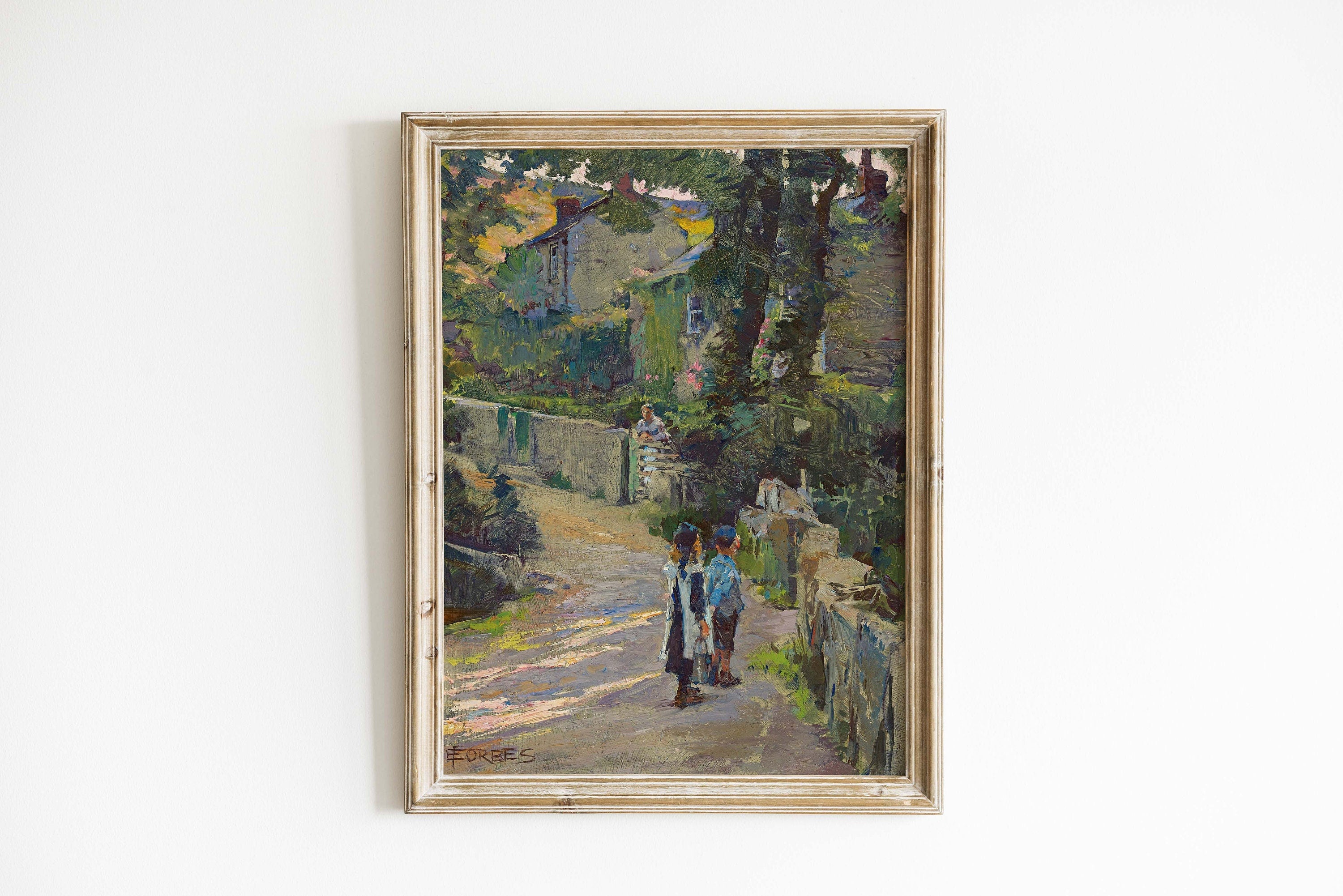 Vintage Painting Children Off to School in an Old Town by Elizabeth Adela Forbes.