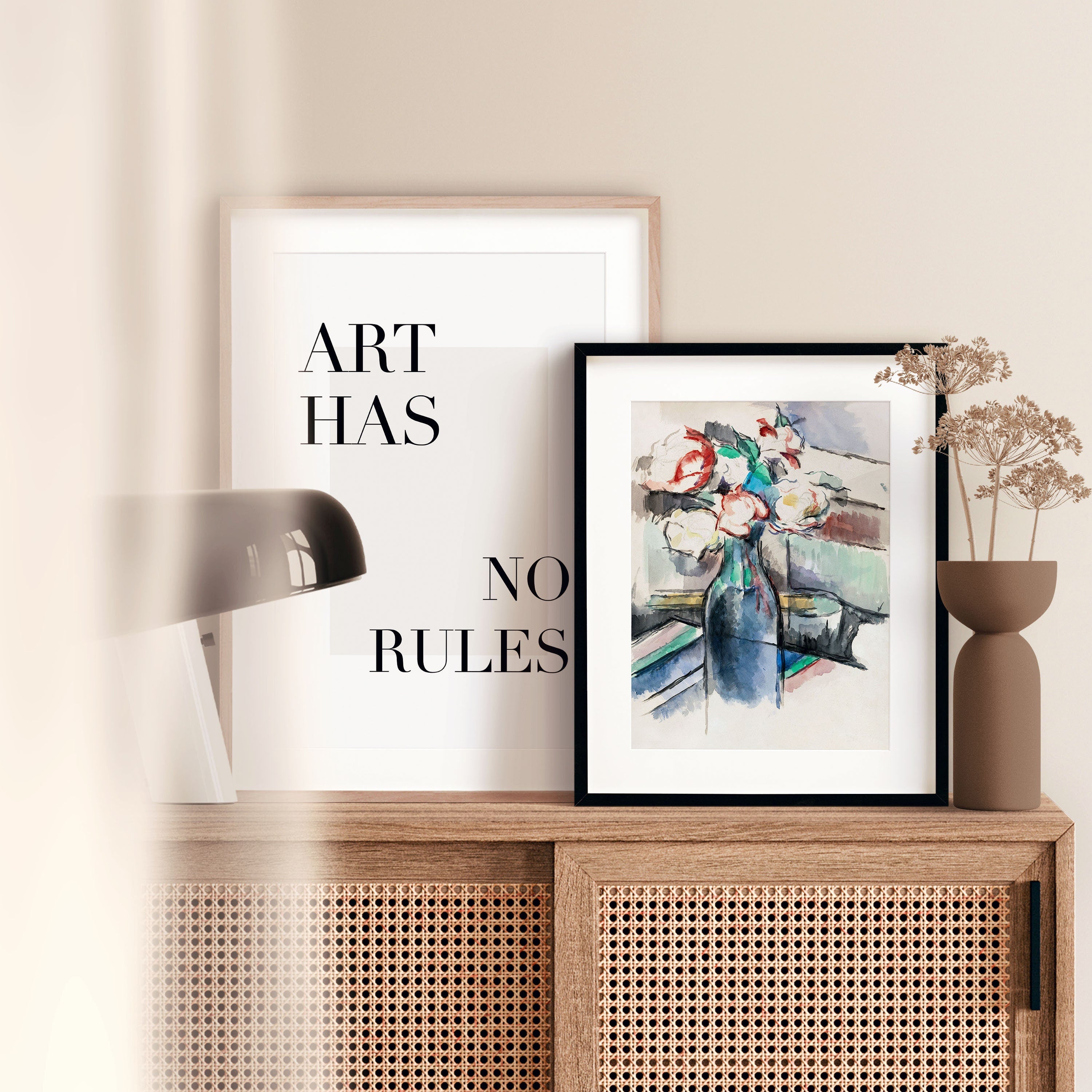 Typo and abstract print with text art has no rules, beige and white