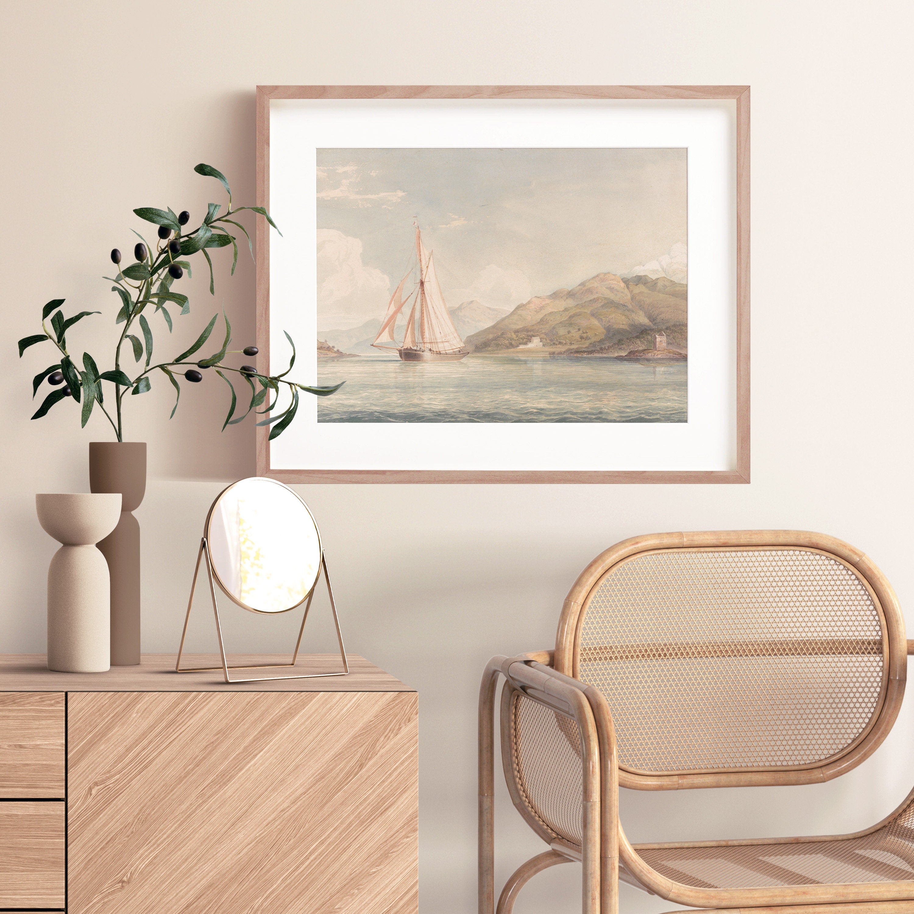 A fine art Poster "Boat Sailing to the Left with Mountains in the Background" from the British artist John Christian Schetky.  Digitally remastered for an ultra-high resolution.